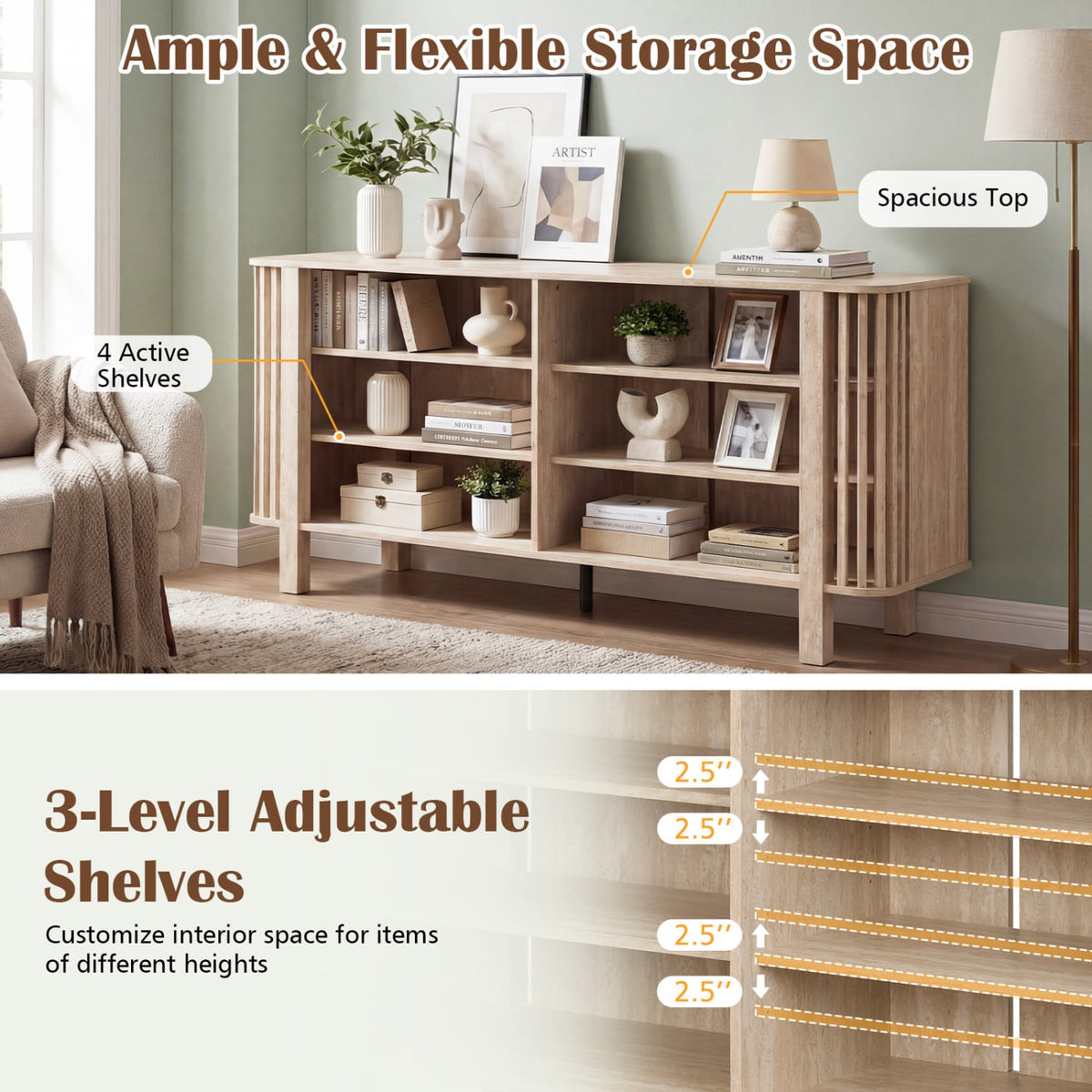 59" TV Stand for TVs Up to 55 Inches with Adjustable Shelves - Natural-Entertainment Centers & TV Stands-DECOROLALA