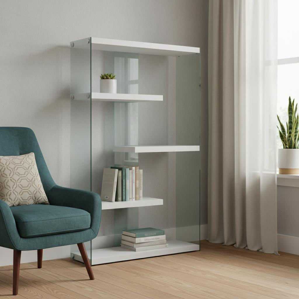 59" White And Clear Glass and Wood Four Tier Etagere Bookcase-Bookcases-DECOROLALA