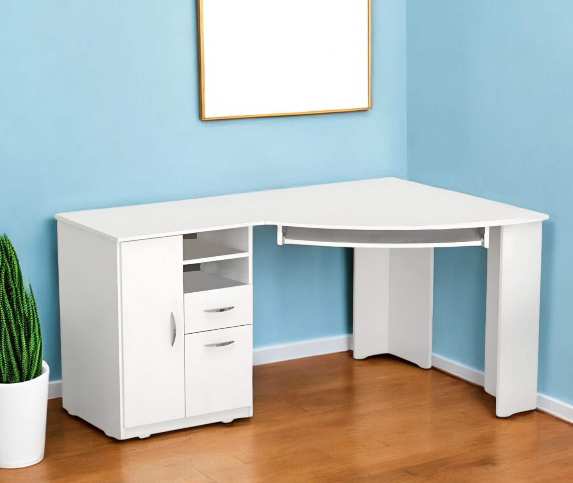 59" White Corner Computer Desk With Two Drawers-Desks-DECOROLALA