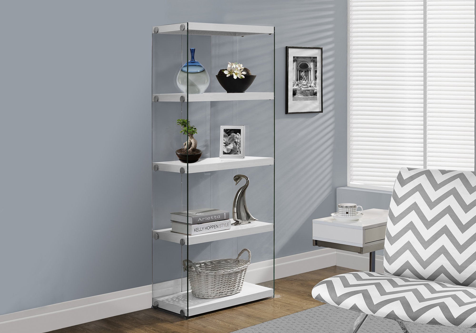 59" White Glass Four Tier Etagere Bookcase-Bookcases-DECOROLALA