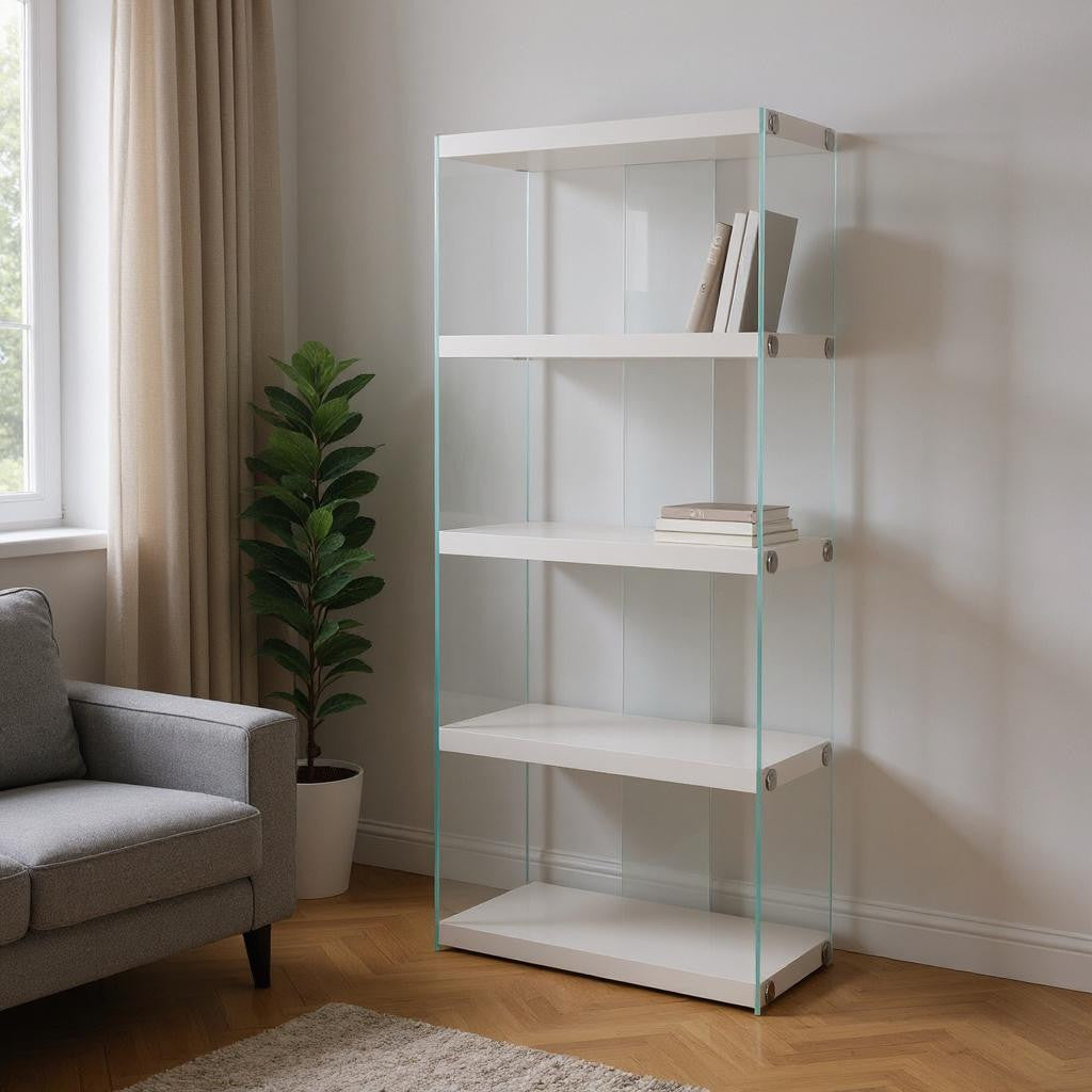 59" White Glass Four Tier Etagere Bookcase-Bookcases-DECOROLALA