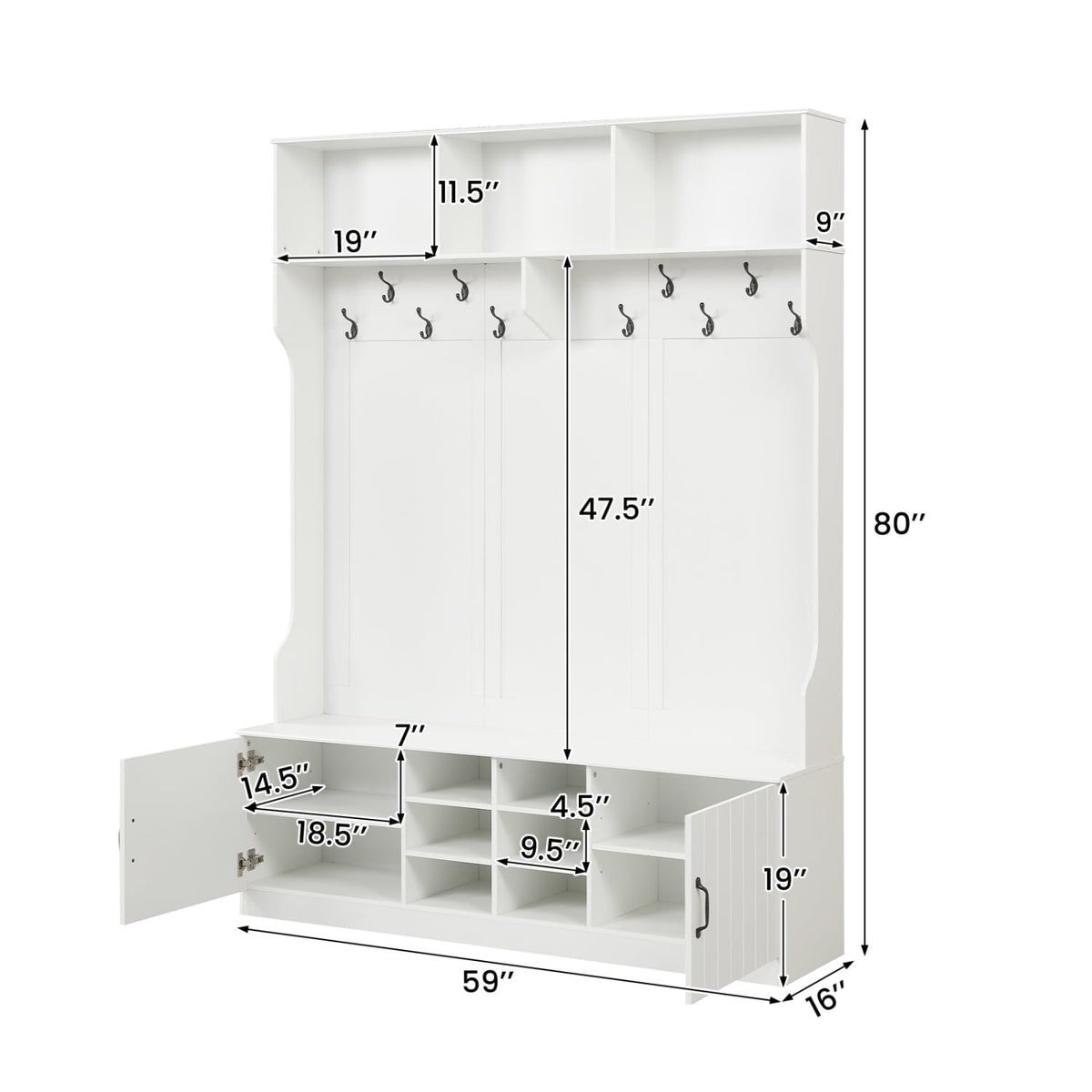59" Wide 6-in-1 Hall Tree with Bench and Storage-White-Coat Racks & Hall Trees-DECOROLALA
