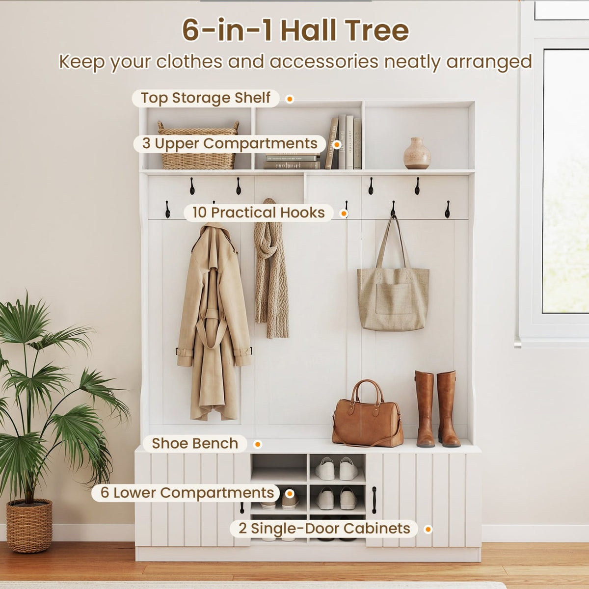 59" Wide 6-in-1 Hall Tree with Bench and Storage-White-Coat Racks & Hall Trees-DECOROLALA