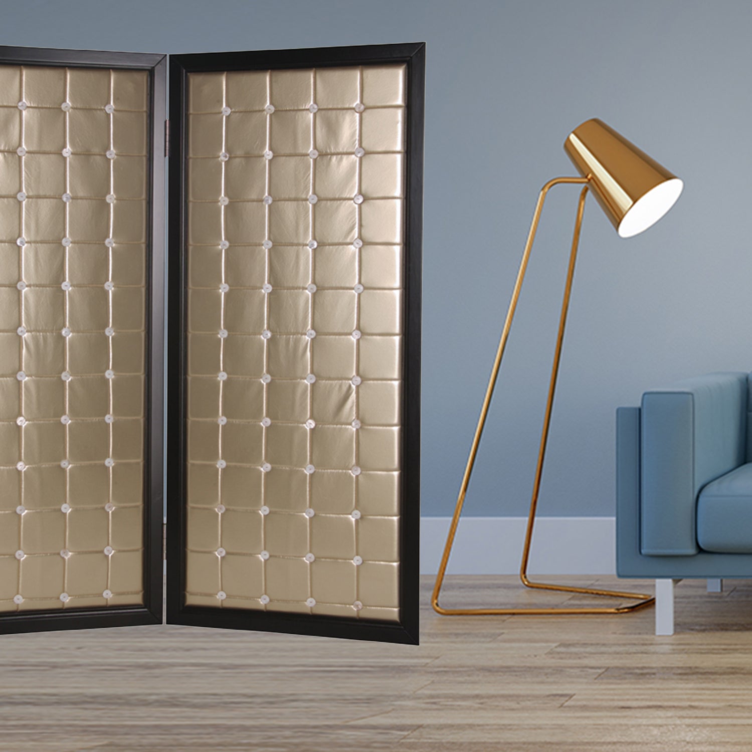 59" X 67" Gold Wood & Fabric Screen-Room Dividers-DECOROLALA
