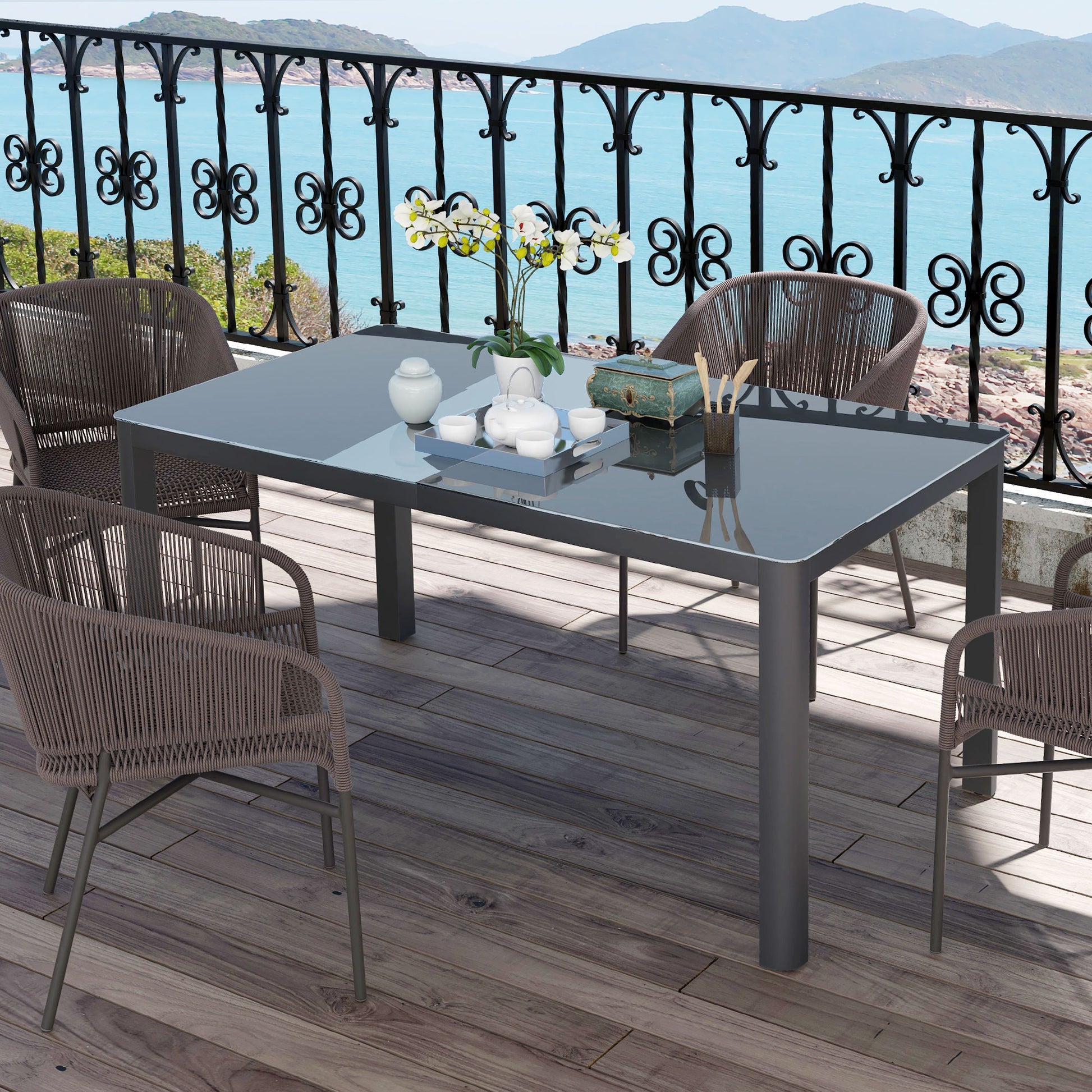 59" x 35" Outdoor Dining Table - Grey Aluminum and Glass-DECOROLALA