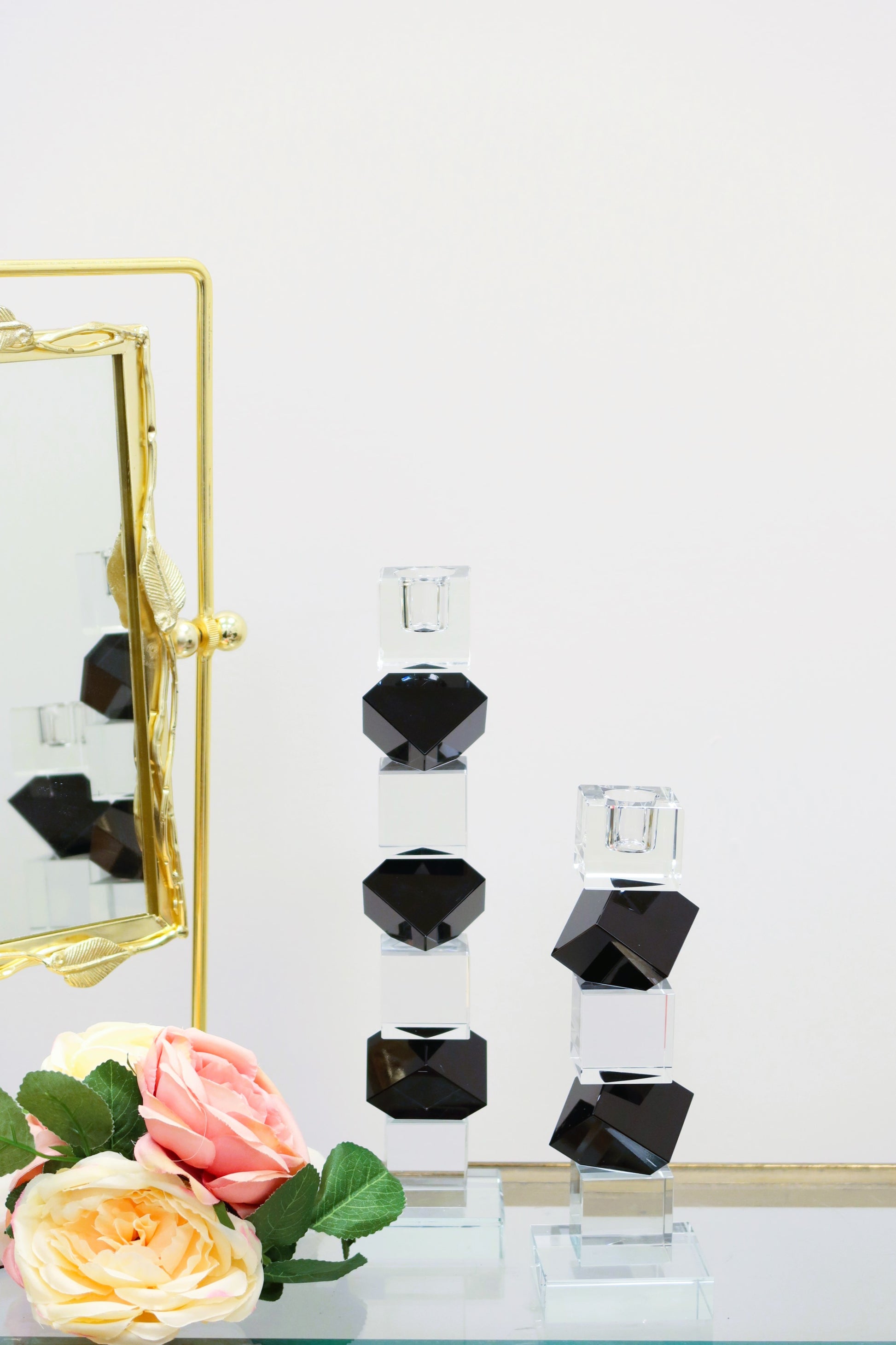 9" Black And Clear Crystal Tabletop Taper Candlestick-Candle Holders-DECOROLALA