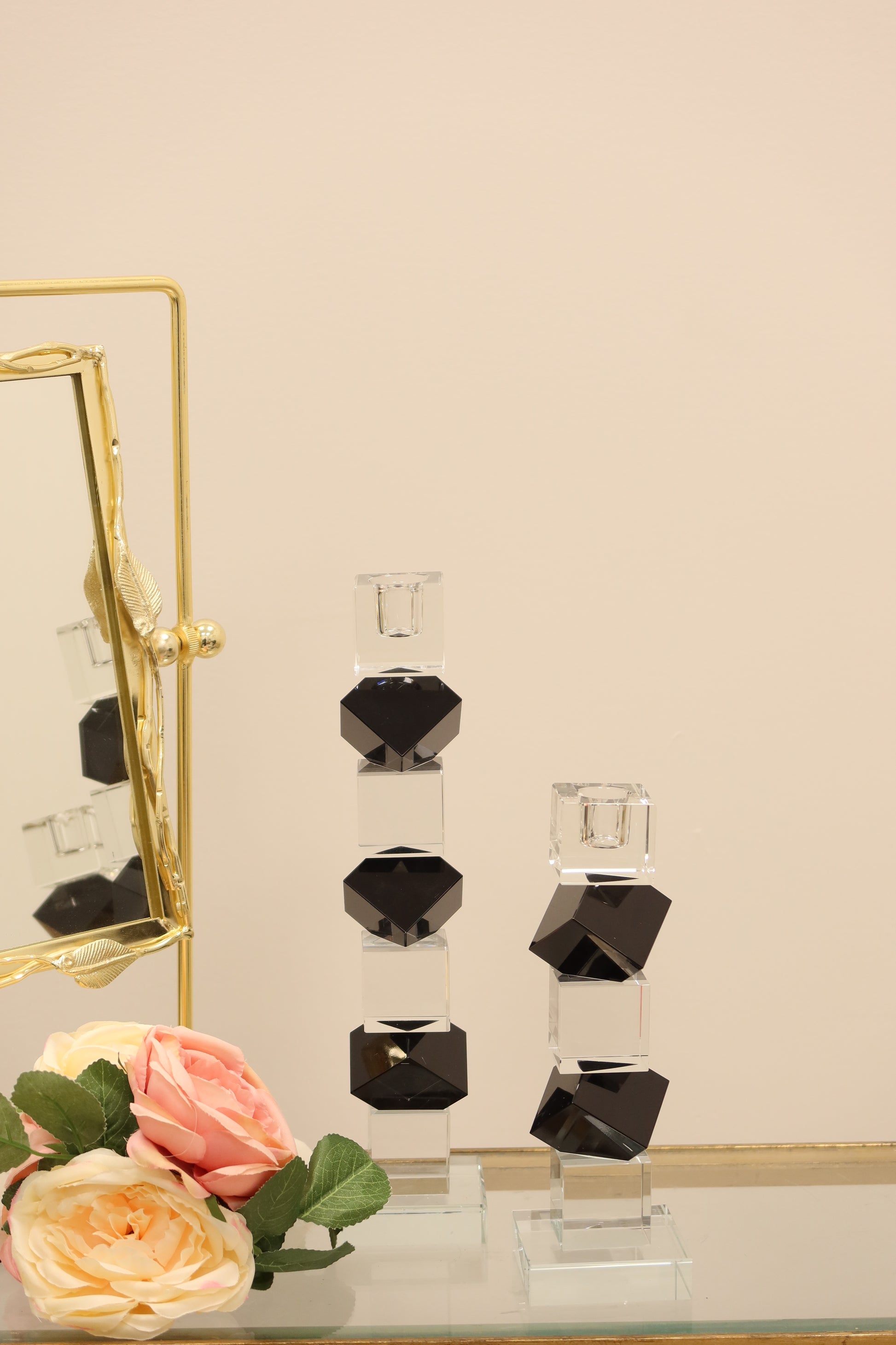 9" Black And Clear Crystal Tabletop Taper Candlestick-Candle Holders-DECOROLALA