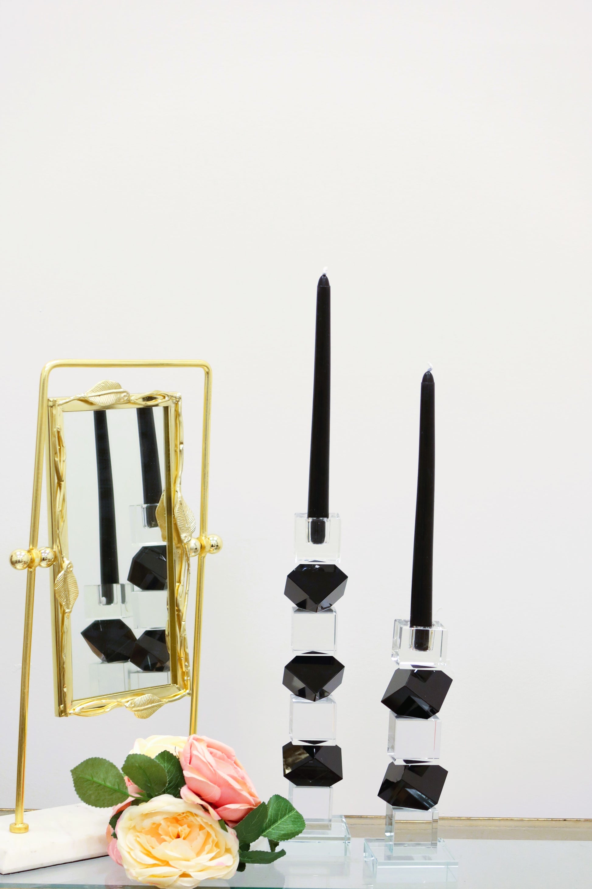 9" Black And Clear Crystal Tabletop Taper Candlestick-Candle Holders-DECOROLALA