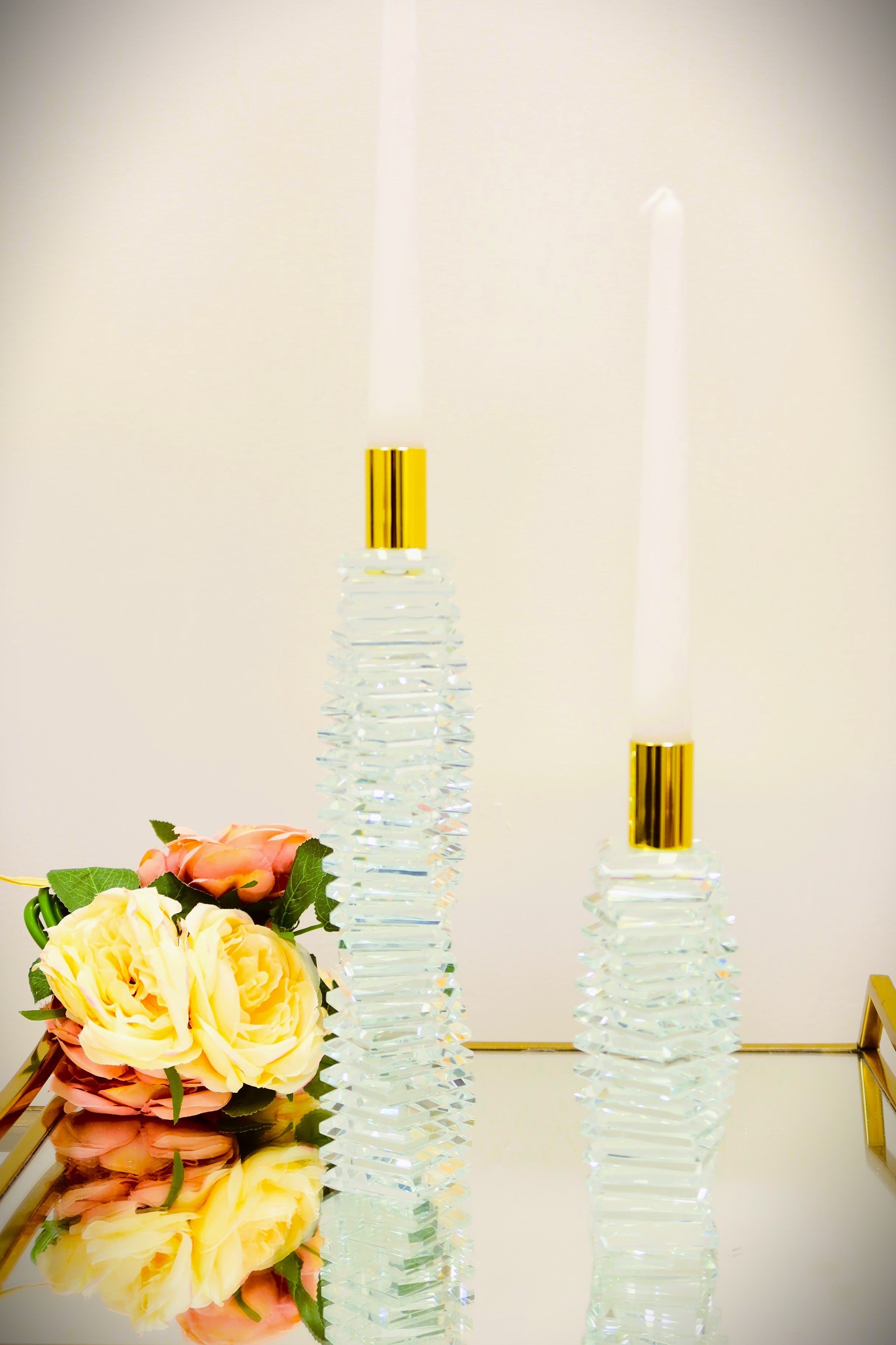 8" Clear And Gold Twisted Crystal Tabletop Taper Candlestick-Candle Holders-DECOROLALA