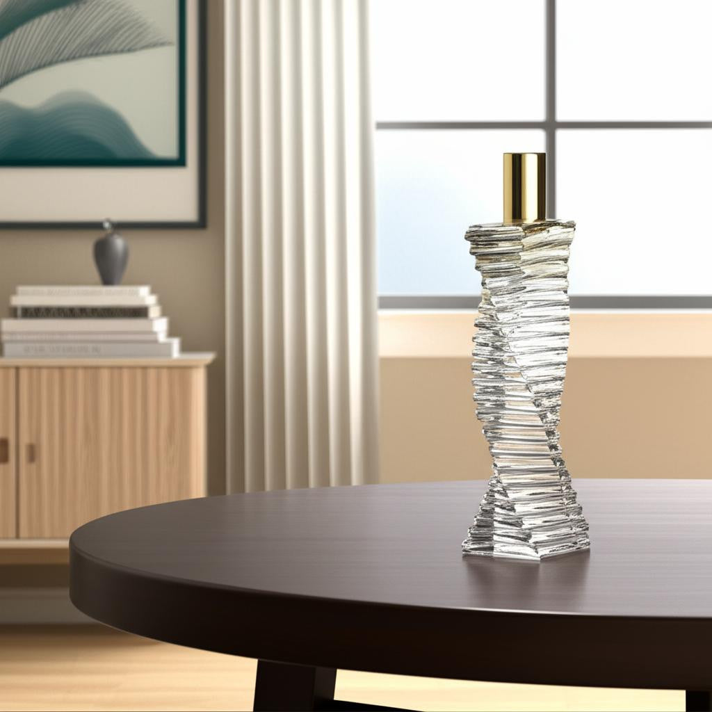 8" Clear And Gold Twisted Crystal Tabletop Taper Candlestick-Candle Holders-DECOROLALA