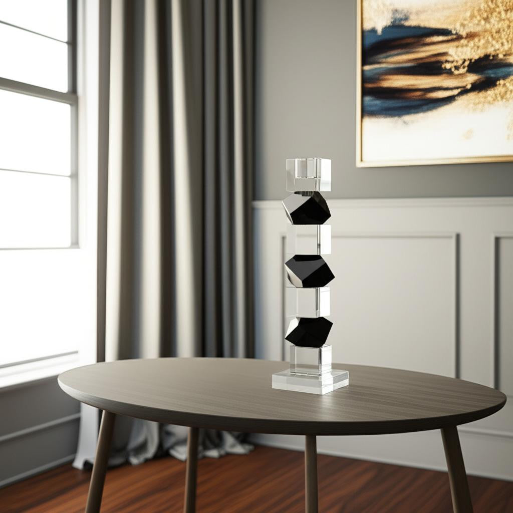 12" Black And Clear Crystal Tabletop Taper Candlestick-Candle Holders-DECOROLALA
