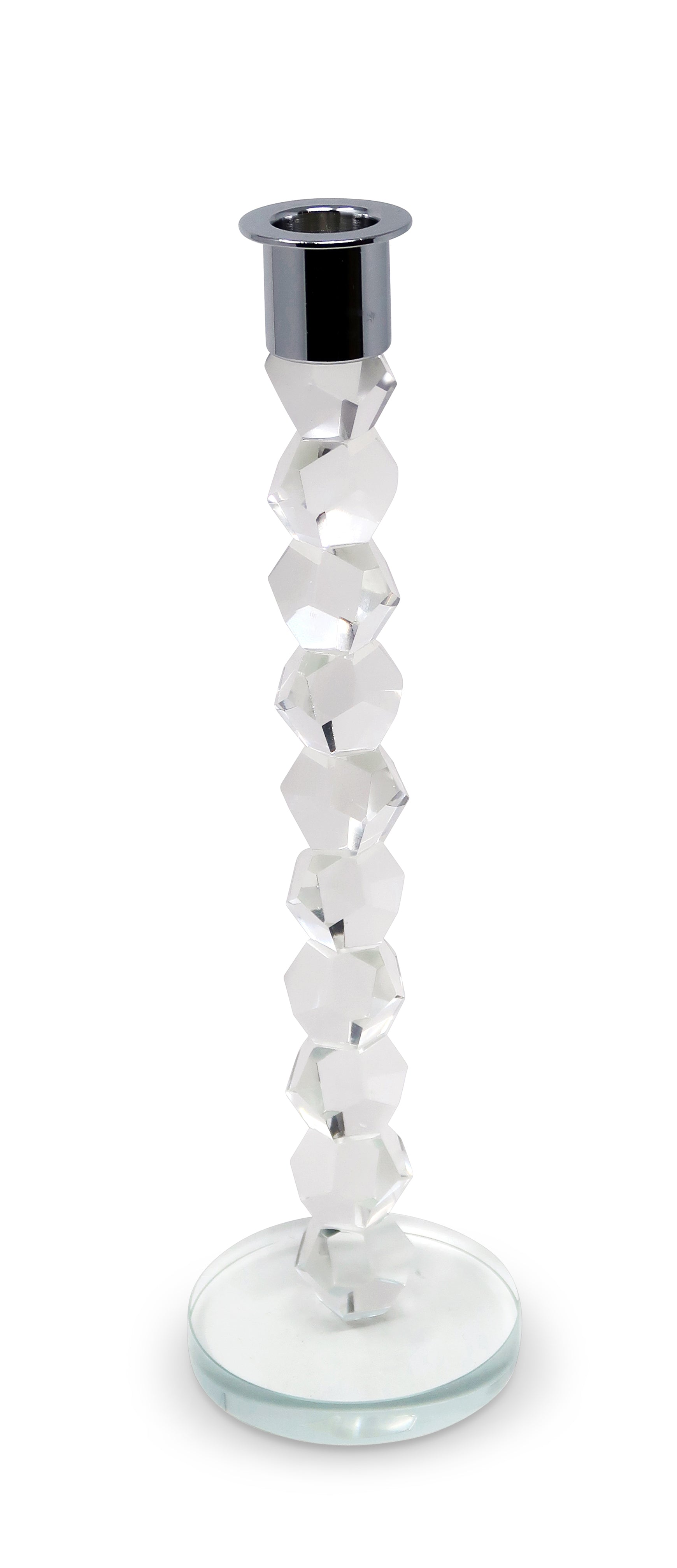 11" Clear And Silver Geo Stacks Crystal Tabletop Taper Candlestick-Candle Holders-DECOROLALA