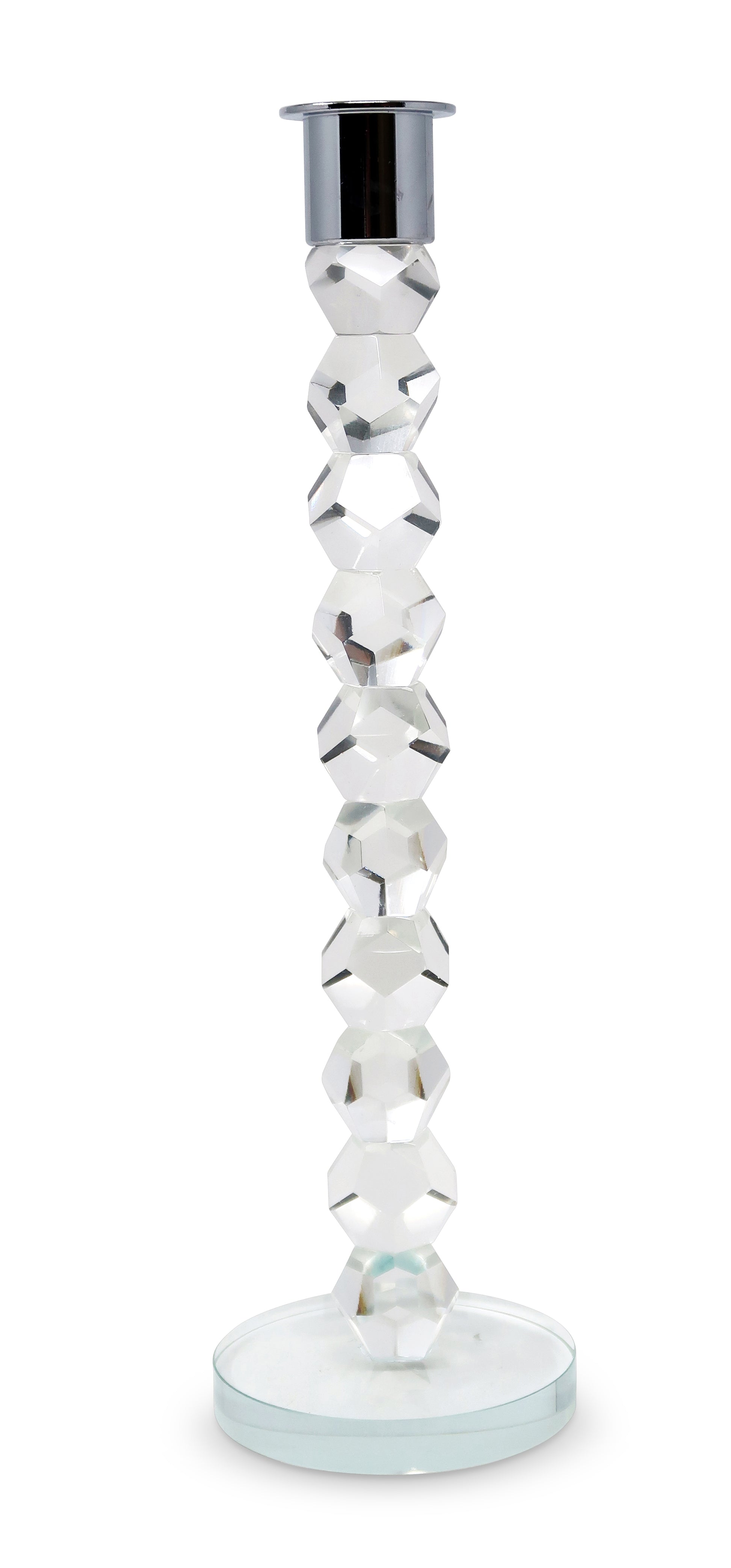 11" Clear And Silver Geo Stacks Crystal Tabletop Taper Candlestick-Candle Holders-DECOROLALA