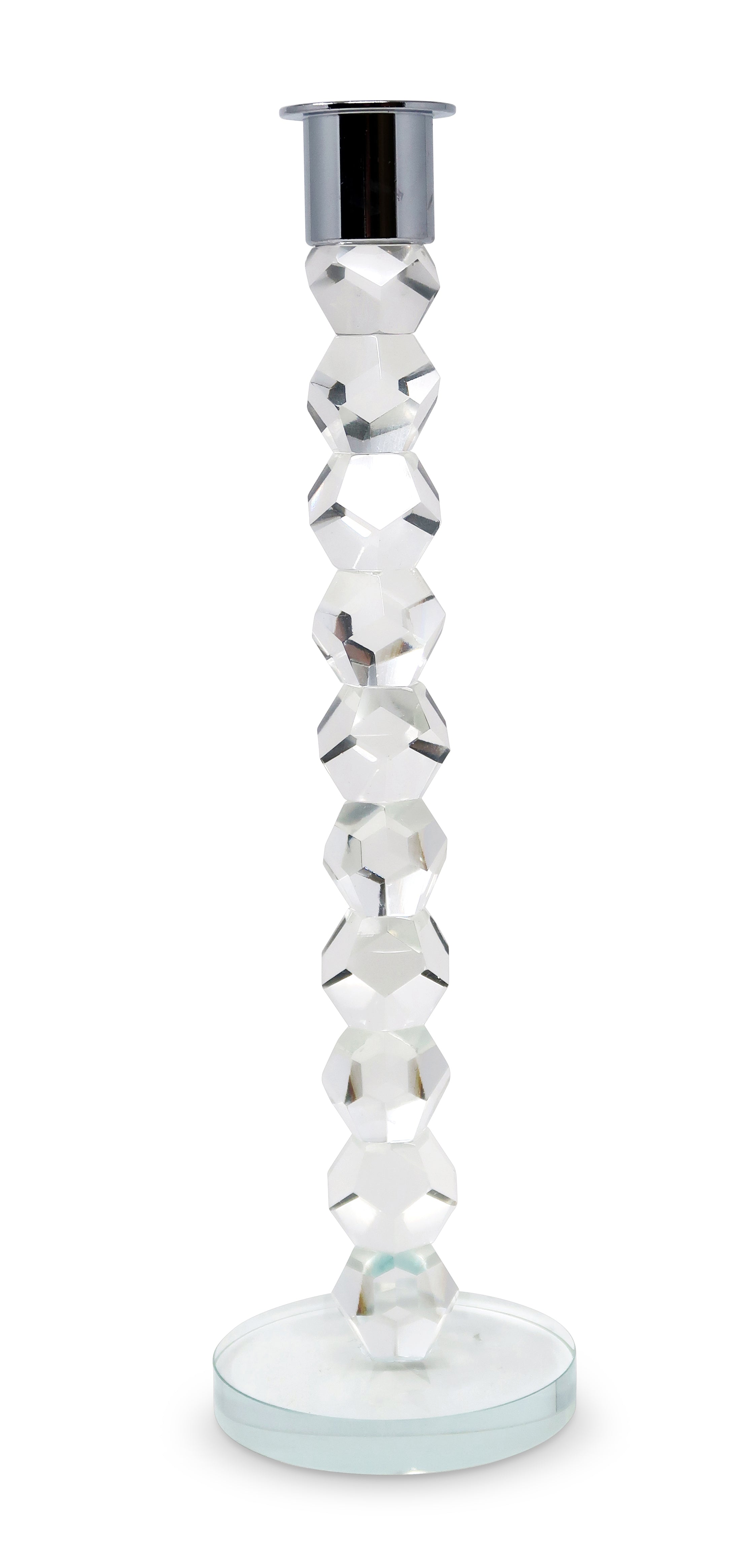 11" Clear And Silver Geo Stacks Crystal Tabletop Taper Candlestick-Candle Holders-DECOROLALA