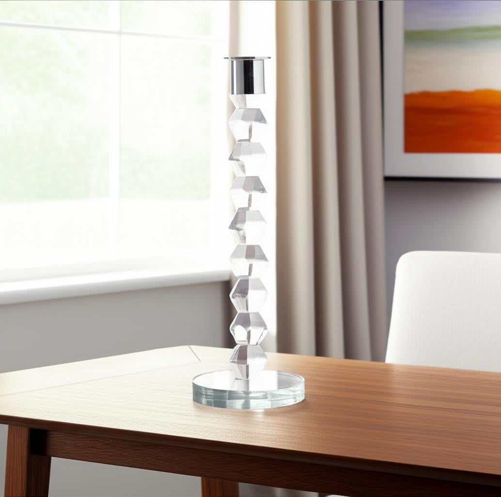11" Clear And Silver Geo Stacks Crystal Tabletop Taper Candlestick-Candle Holders-DECOROLALA