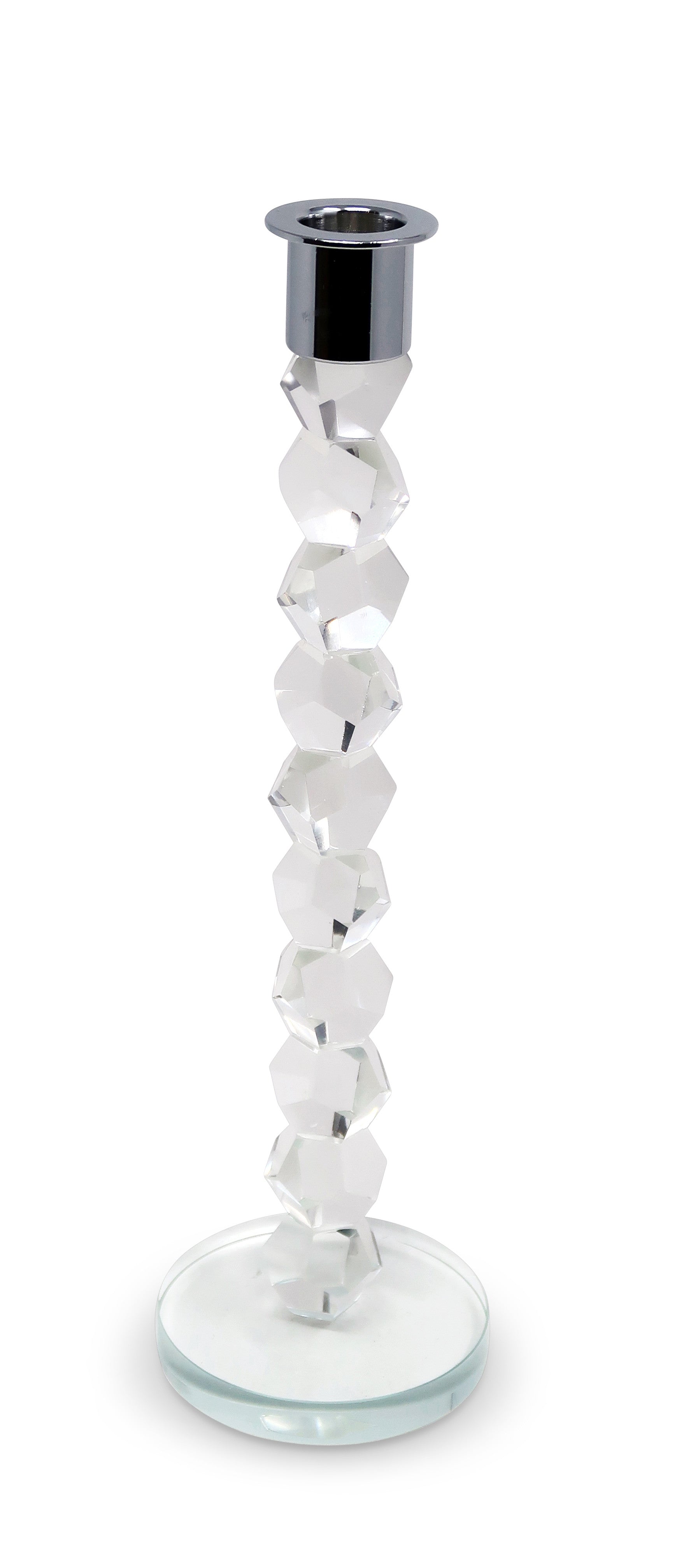 11" Clear And Silver Geo Stacks Crystal Tabletop Taper Candlestick-Candle Holders-DECOROLALA