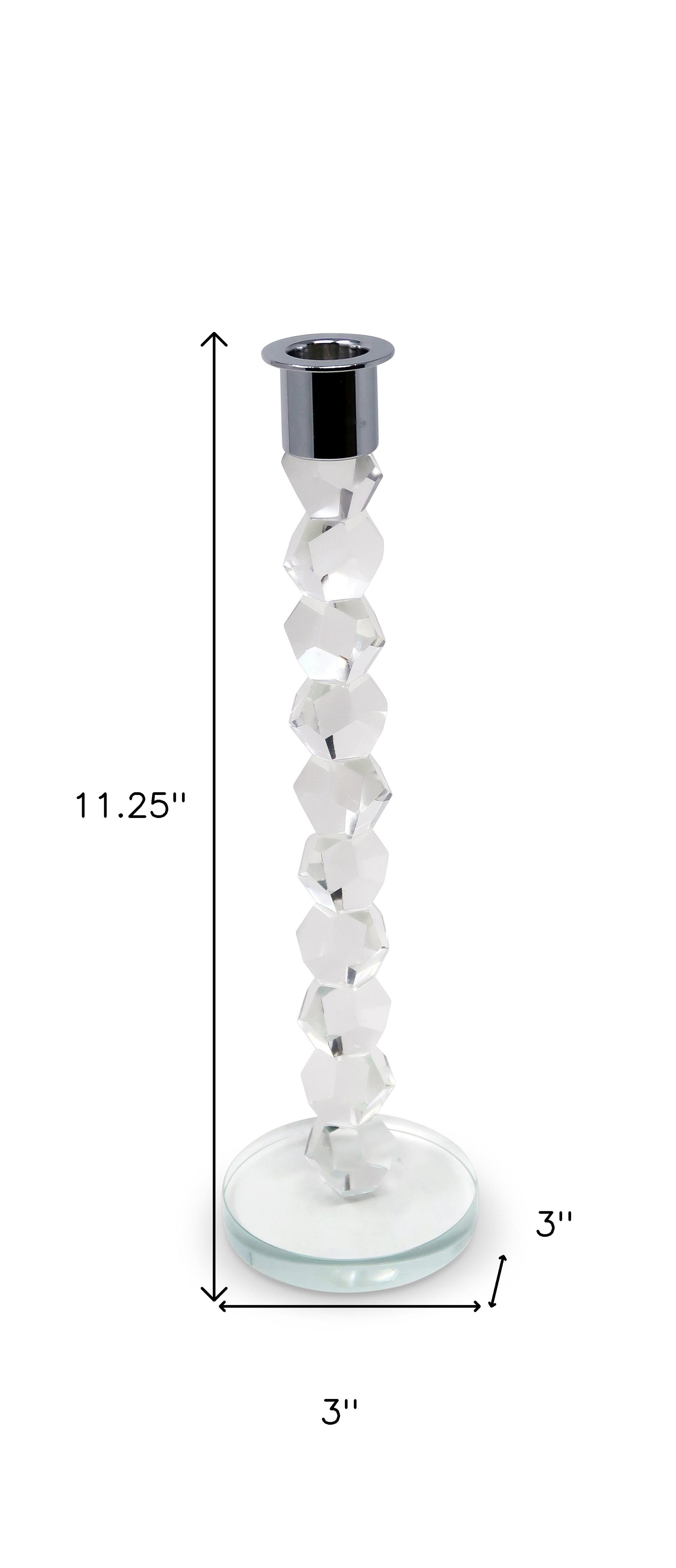 11" Clear And Silver Geo Stacks Crystal Tabletop Taper Candlestick-Candle Holders-DECOROLALA