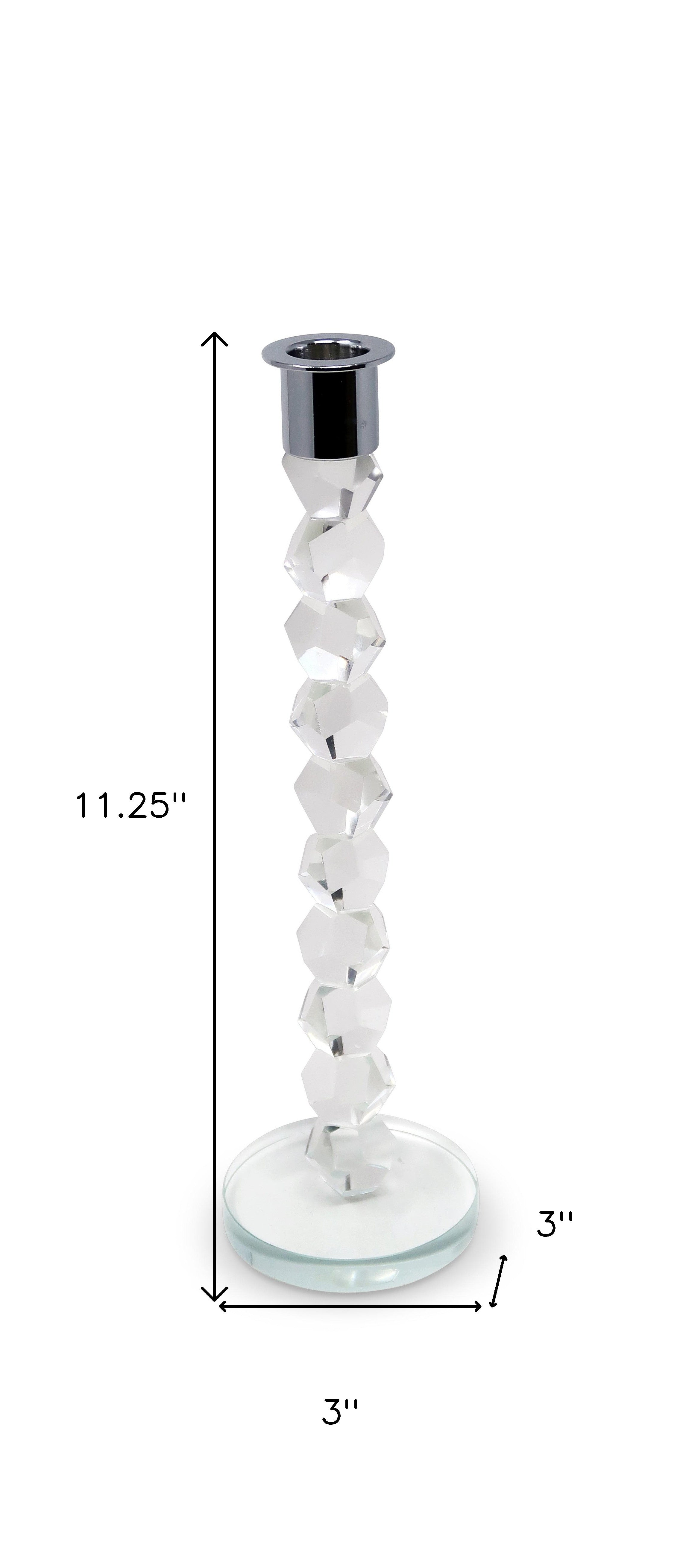 11" Clear And Silver Geo Stacks Crystal Tabletop Taper Candlestick-Candle Holders-DECOROLALA