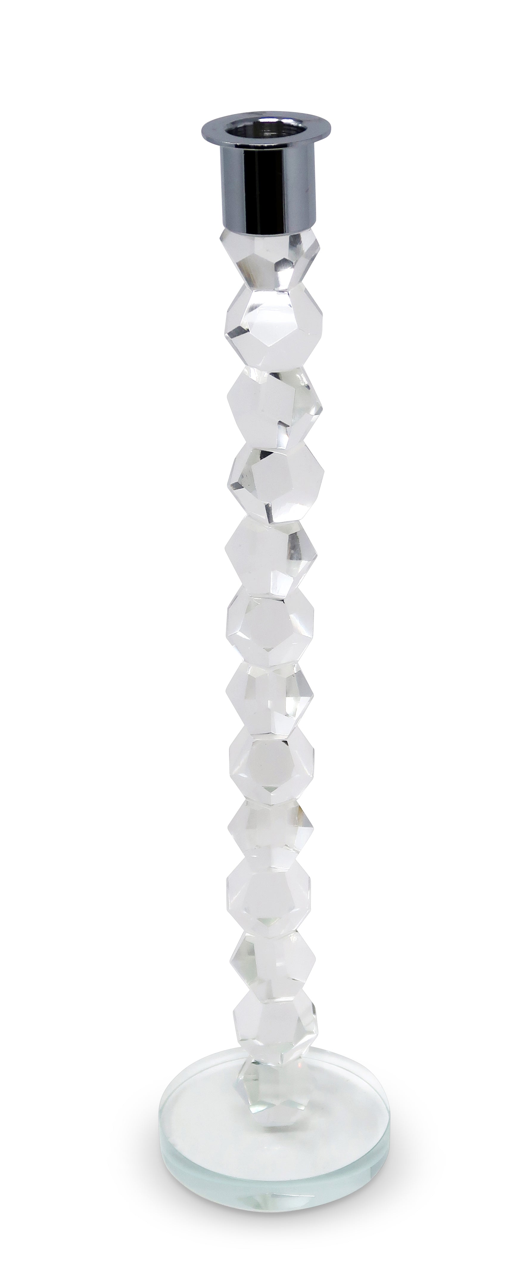 14" Clear And Silver Geo Stacks Crystal Tabletop Taper Candlestick-Candle Holders-DECOROLALA