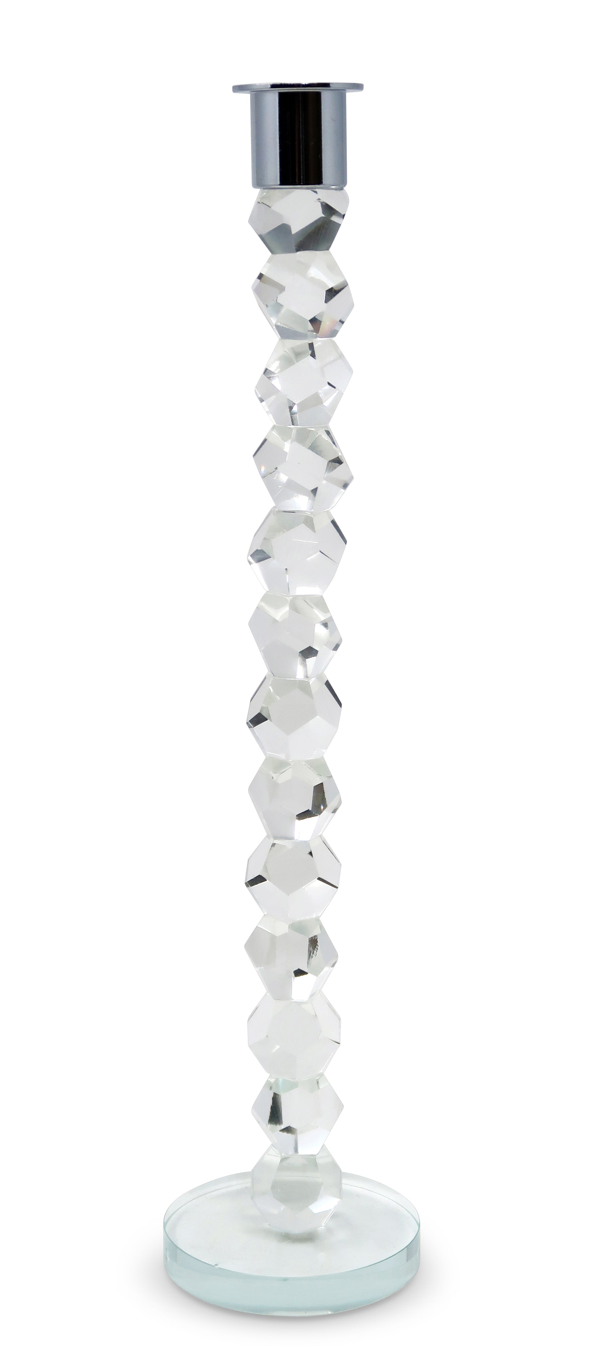 14" Clear And Silver Geo Stacks Crystal Tabletop Taper Candlestick-Candle Holders-DECOROLALA