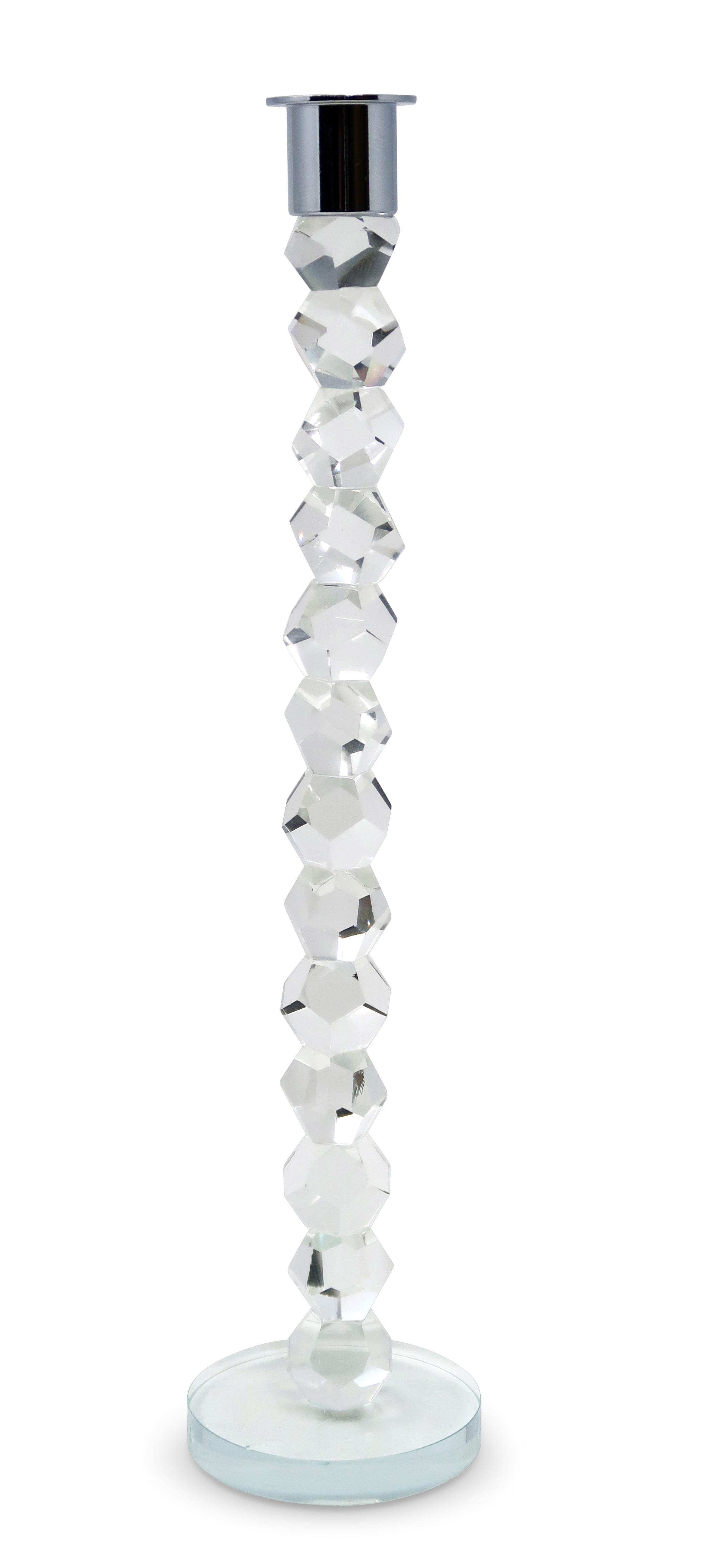 14" Clear And Silver Geo Stacks Crystal Tabletop Taper Candlestick-Candle Holders-DECOROLALA
