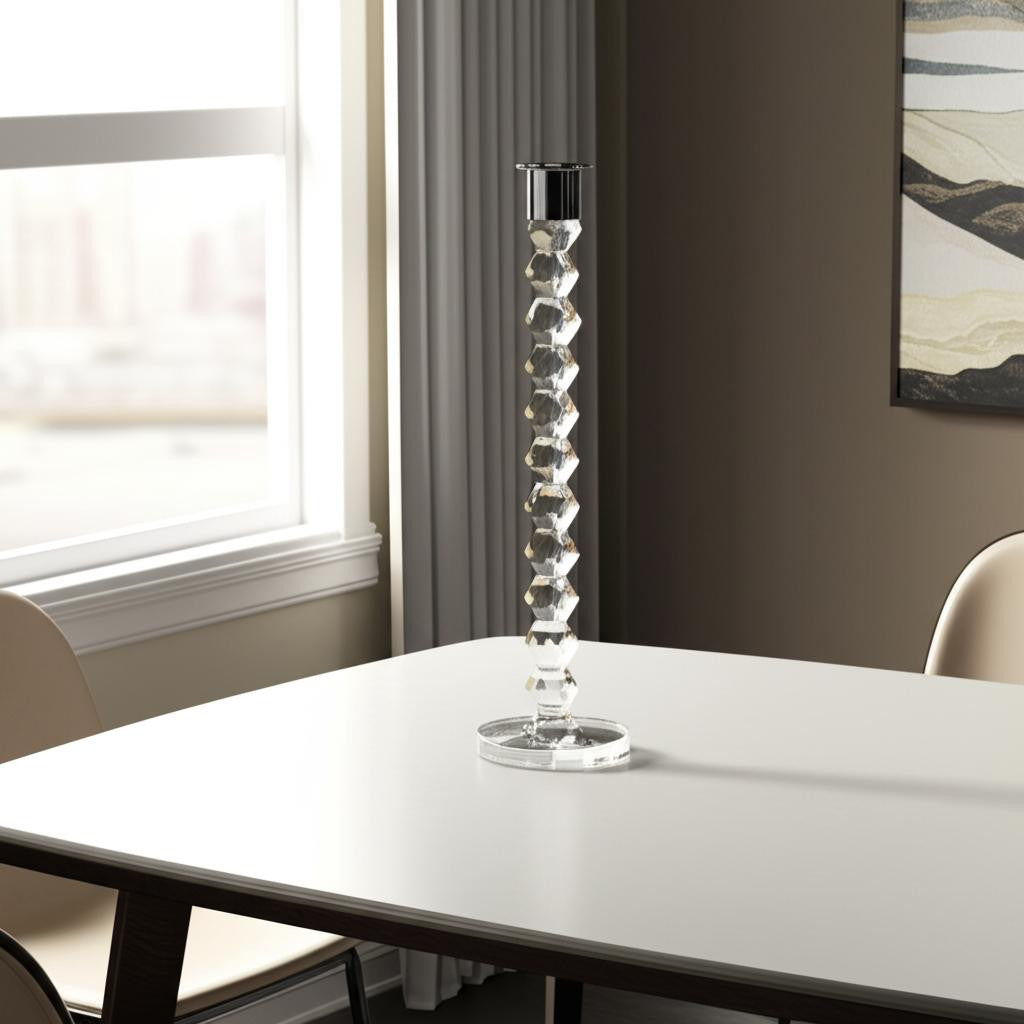 14" Clear And Silver Geo Stacks Crystal Tabletop Taper Candlestick-Candle Holders-DECOROLALA