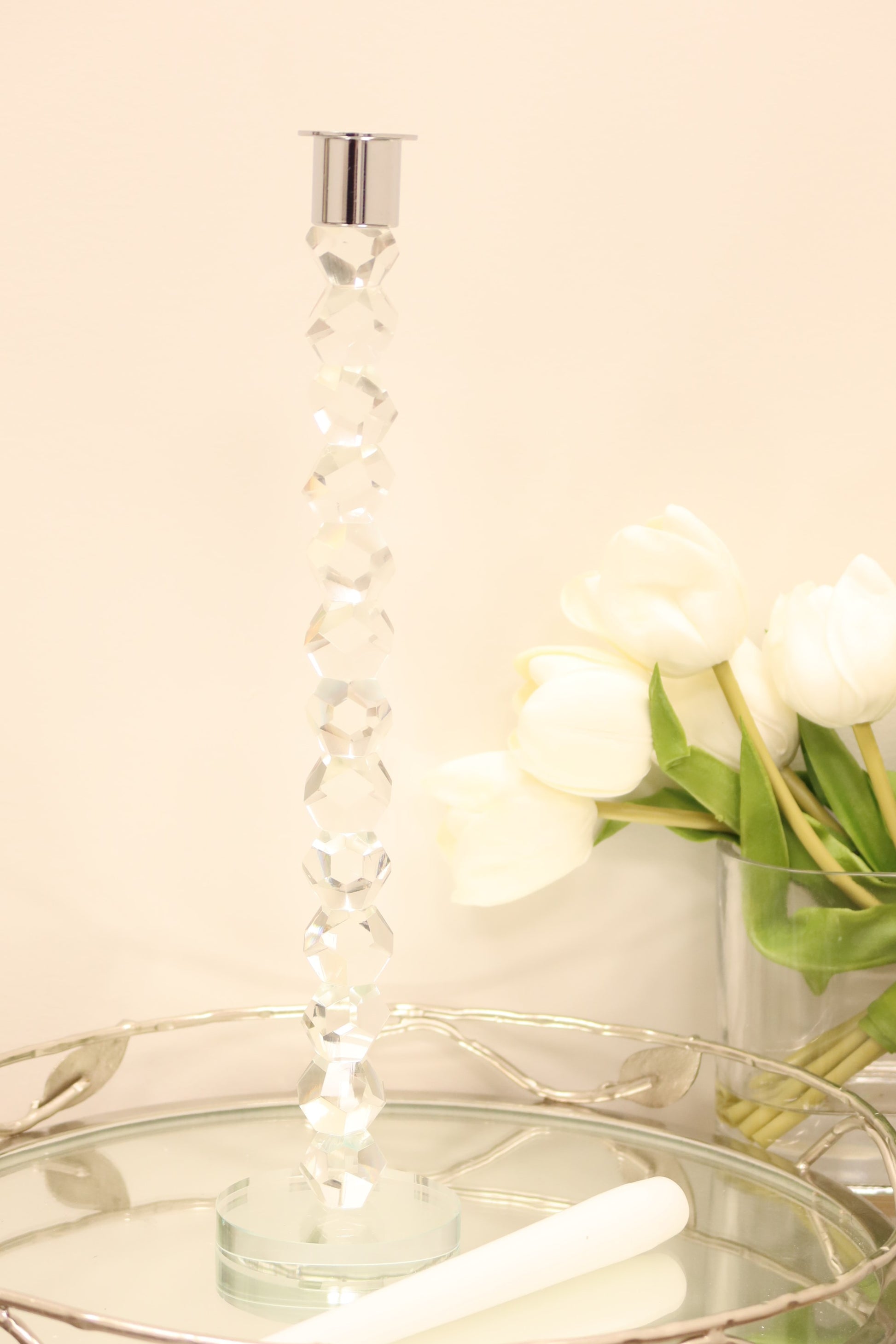 14" Clear And Silver Geo Stacks Crystal Tabletop Taper Candlestick-Candle Holders-DECOROLALA