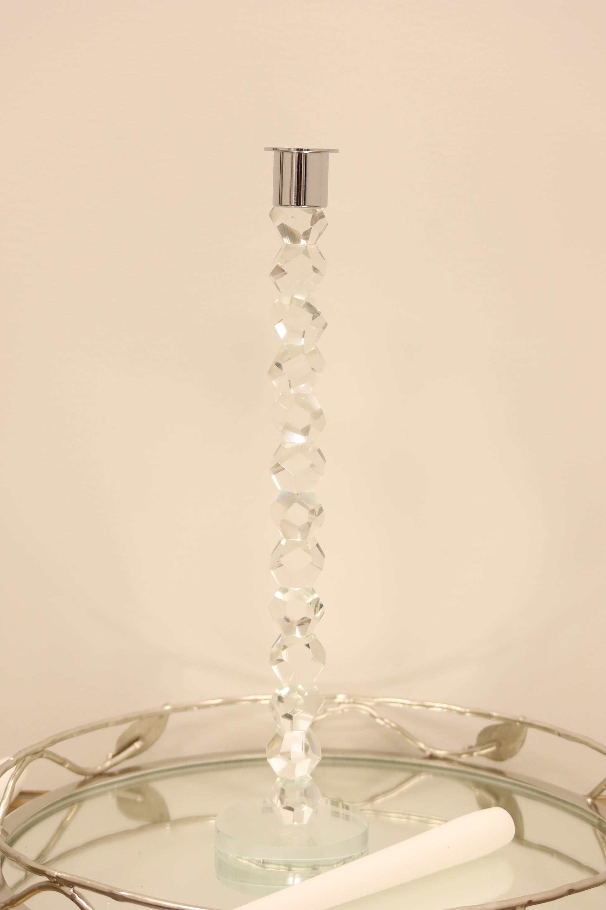 14" Clear And Silver Geo Stacks Crystal Tabletop Taper Candlestick-Candle Holders-DECOROLALA