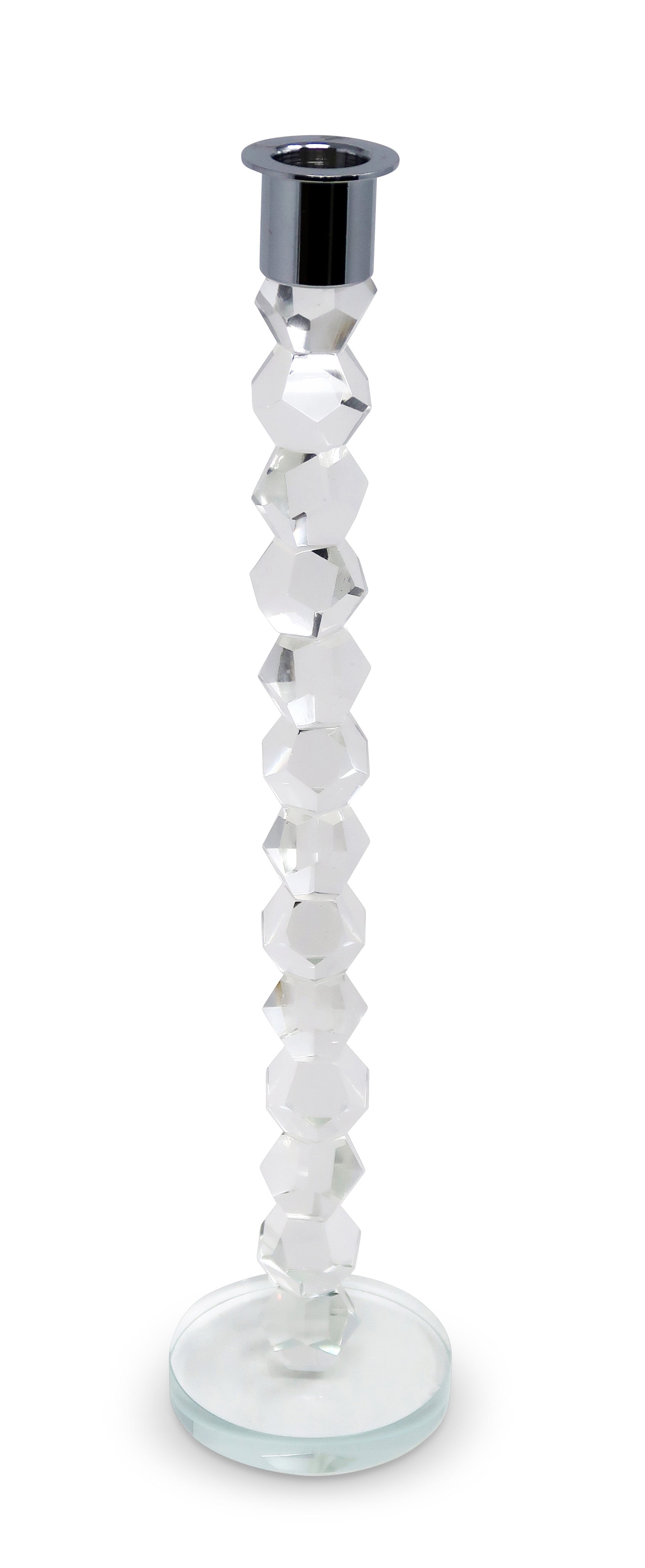 14" Clear And Silver Geo Stacks Crystal Tabletop Taper Candlestick-Candle Holders-DECOROLALA
