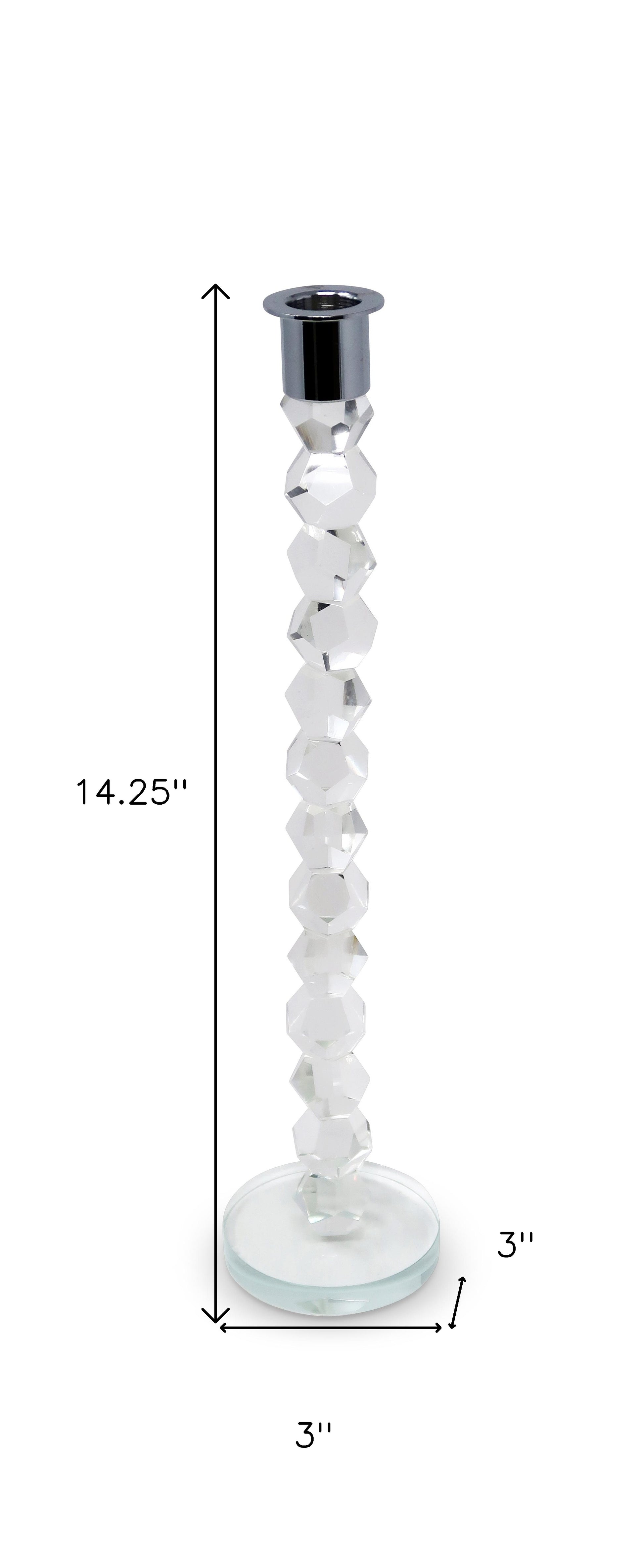 14" Clear And Silver Geo Stacks Crystal Tabletop Taper Candlestick-Candle Holders-DECOROLALA