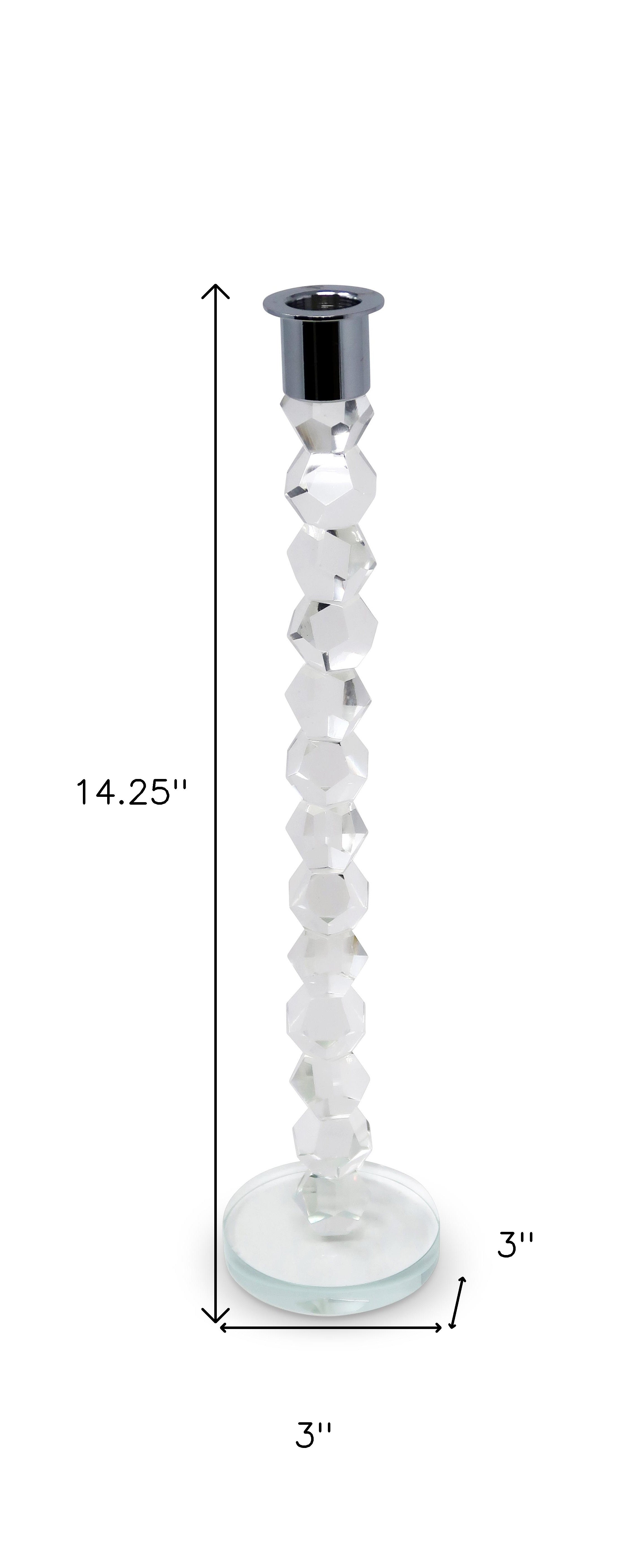 14" Clear And Silver Geo Stacks Crystal Tabletop Taper Candlestick-Candle Holders-DECOROLALA