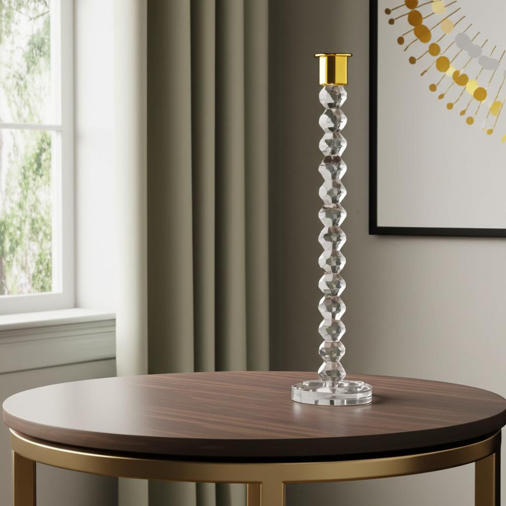 14" Clear And Gold Geo Stacks Crystal Tabletop Taper Candlestick-Candle Holders-DECOROLALA