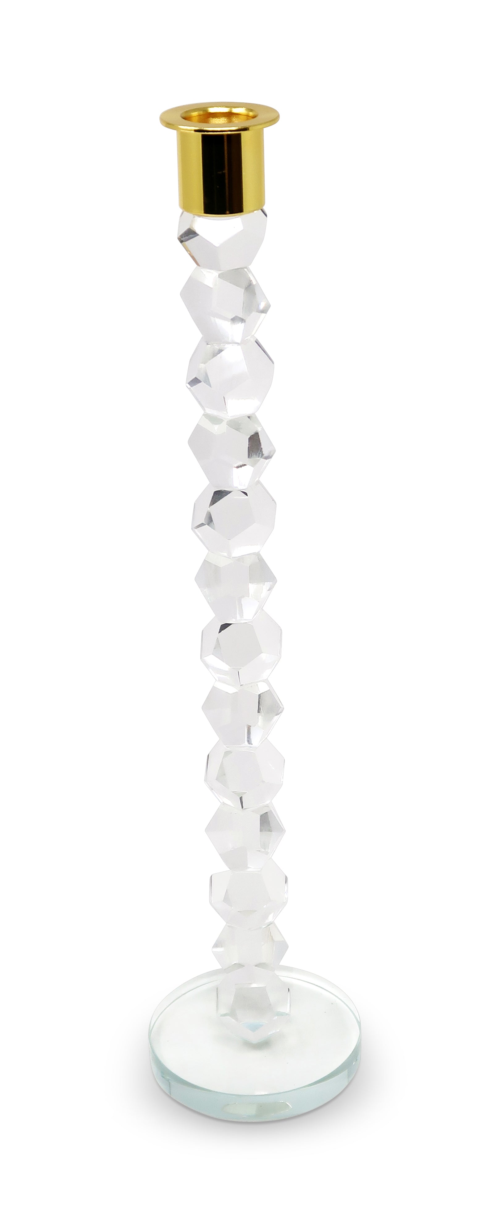 14" Clear And Gold Geo Stacks Crystal Tabletop Taper Candlestick-Candle Holders-DECOROLALA
