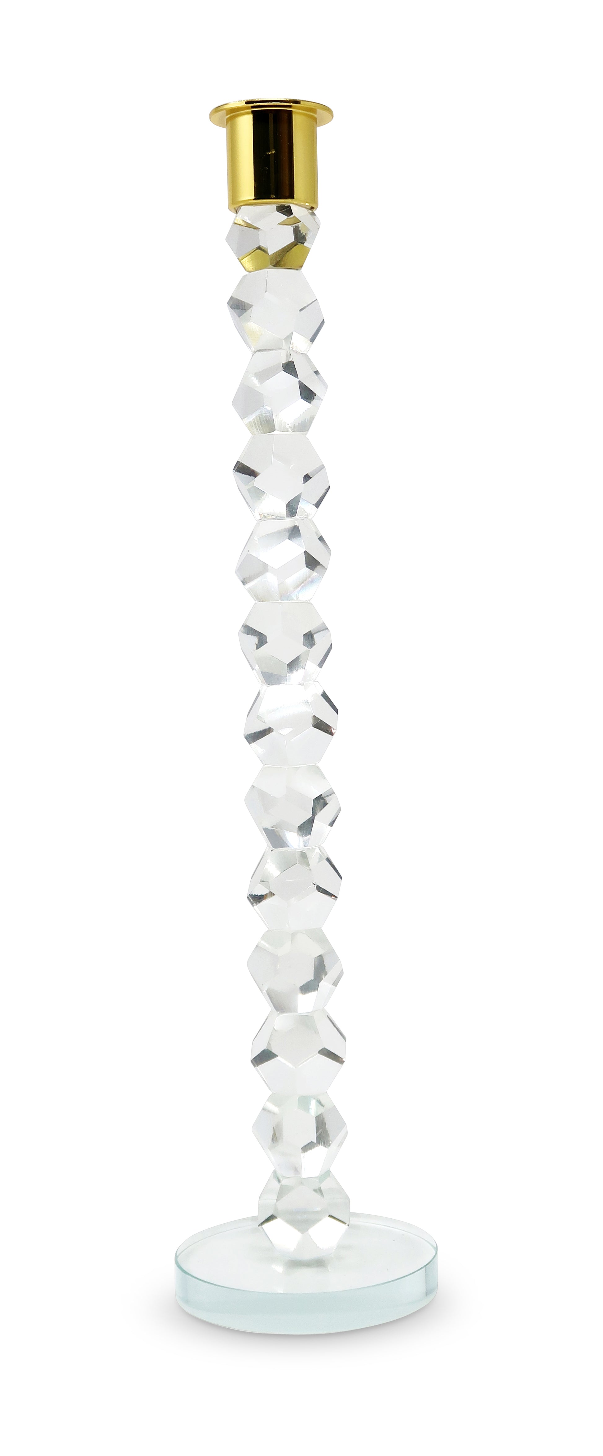 14" Clear And Gold Geo Stacks Crystal Tabletop Taper Candlestick-Candle Holders-DECOROLALA