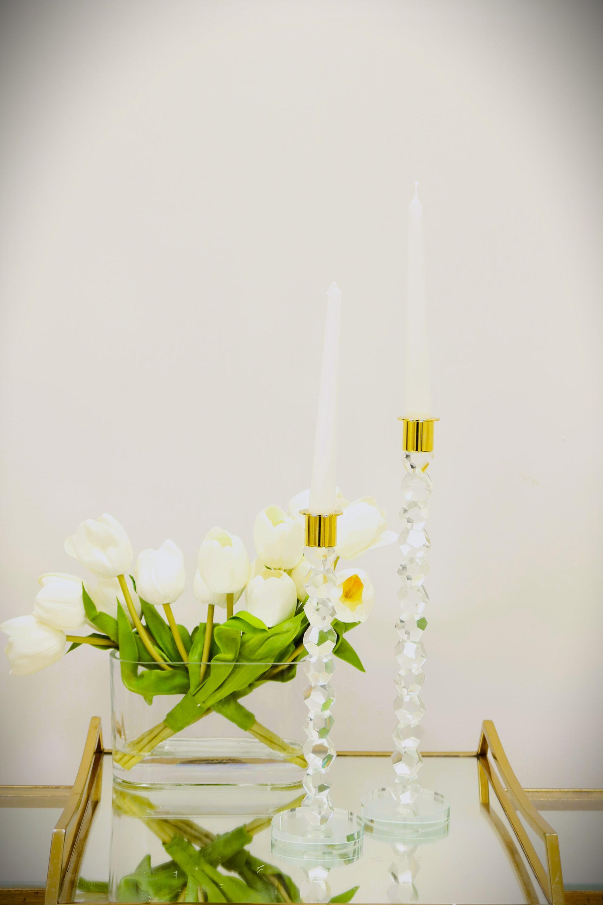 14" Clear And Gold Geo Stacks Crystal Tabletop Taper Candlestick-Candle Holders-DECOROLALA