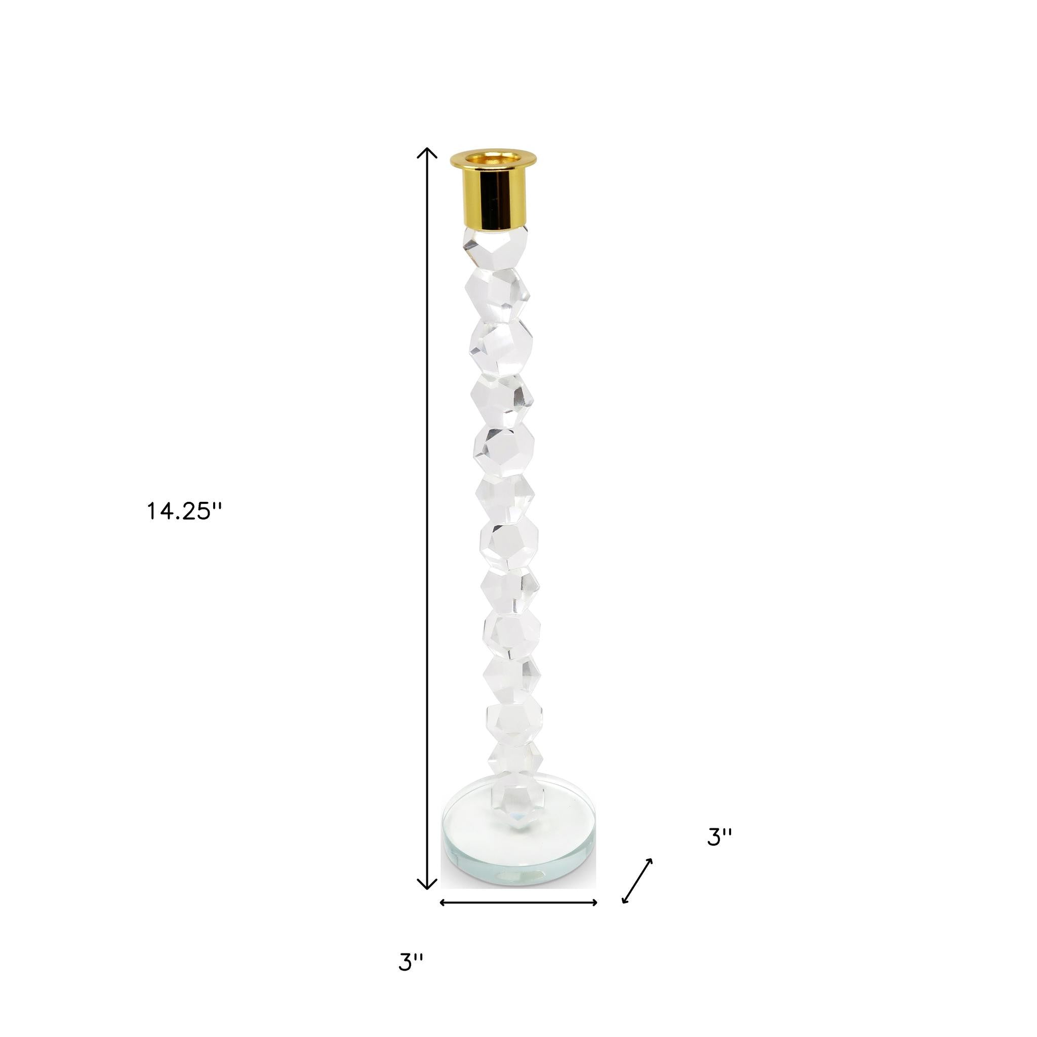 14" Clear And Gold Geo Stacks Crystal Tabletop Taper Candlestick-Candle Holders-DECOROLALA