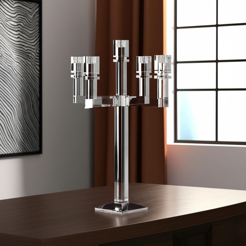 20" Clear Faceted Crystal Tabletop Candelabra Candle Holder-Candle Holders-DECOROLALA
