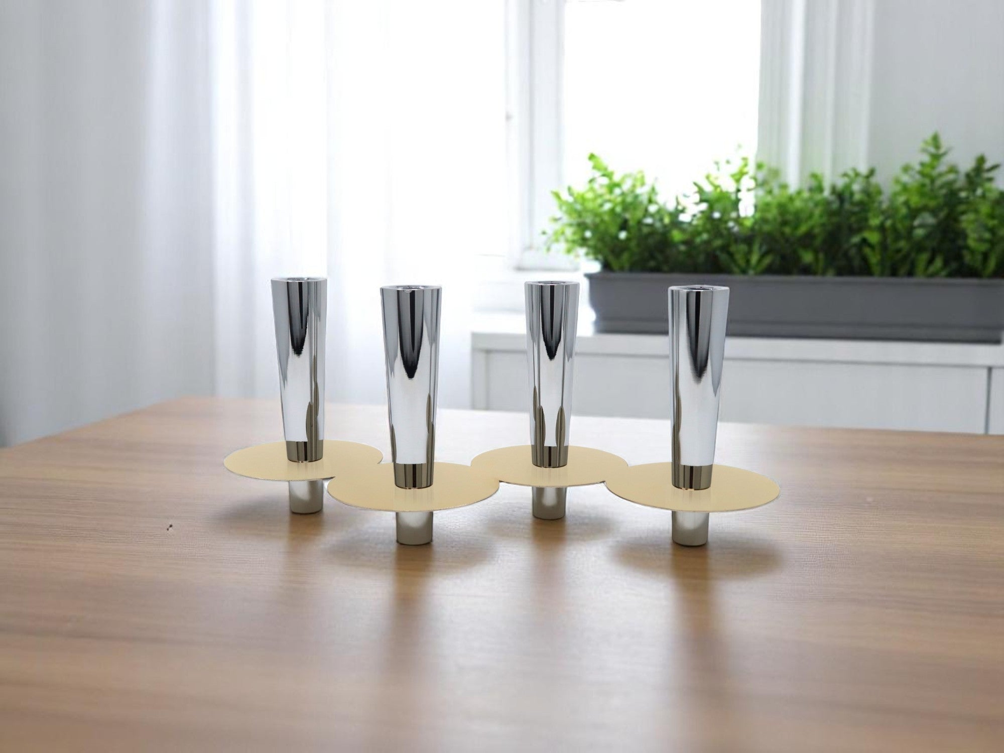 6" Silver And Gold Stainless Steel Tabletop Four Light Taper Candle Holder-Candle Holders-DECOROLALA