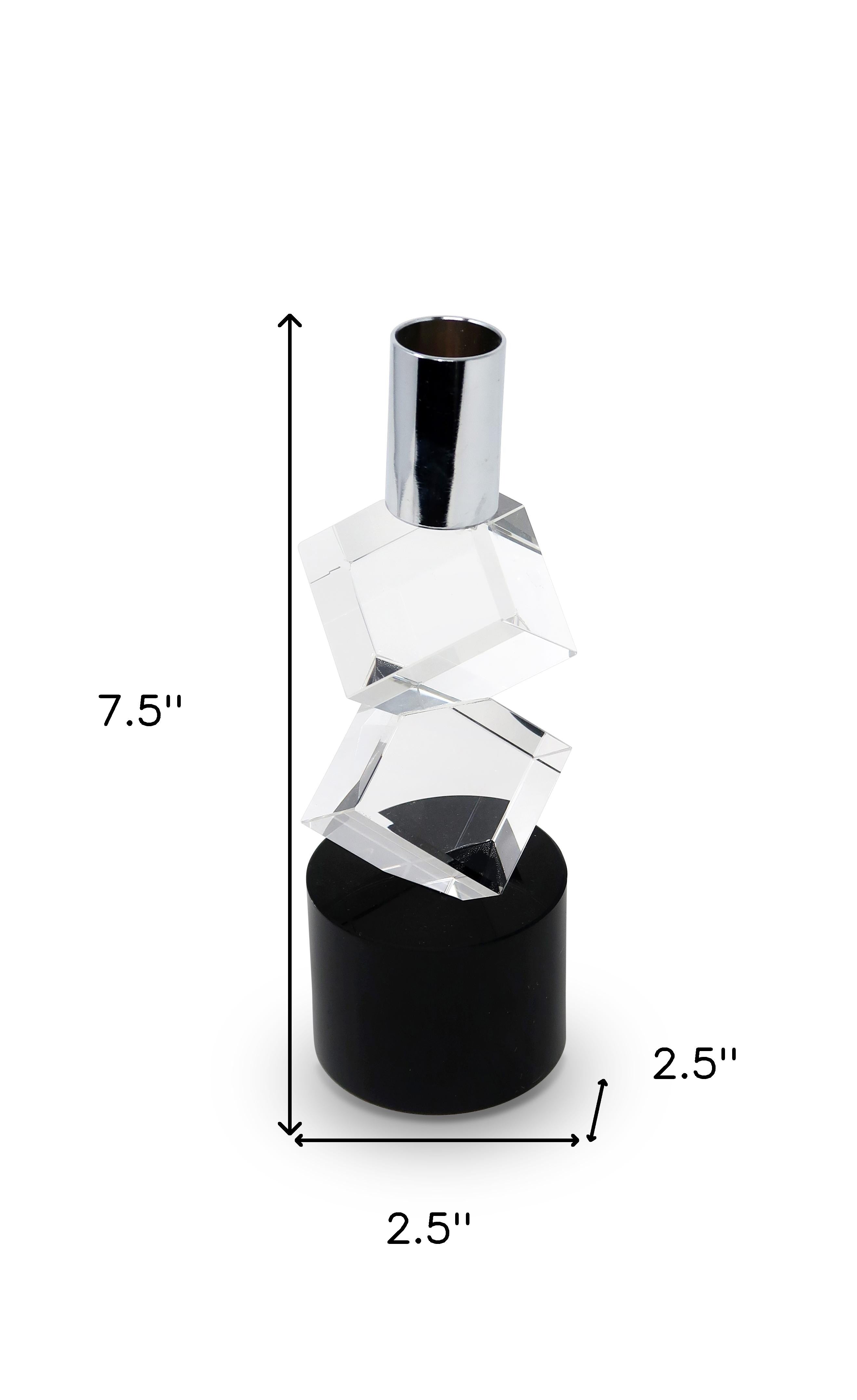 8" Silver Clear And Black Faceted Crystal Tabletop Taper Candlestick-Candle Holders-DECOROLALA