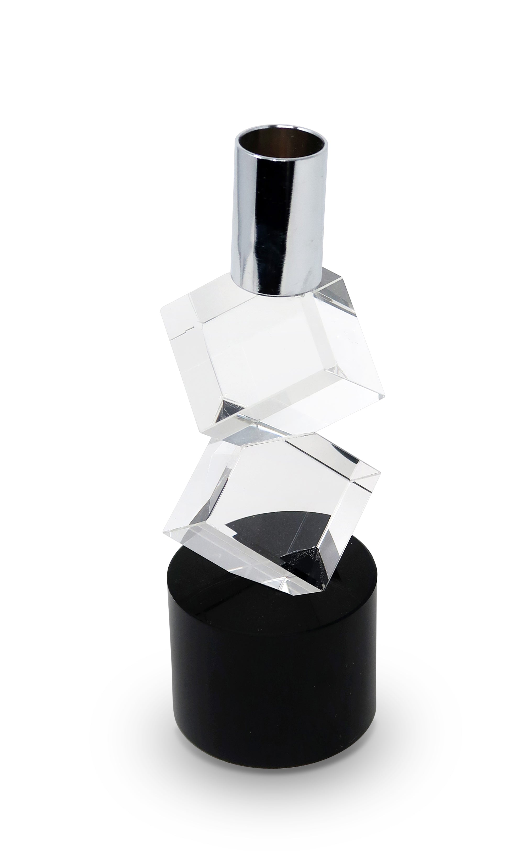 8" Silver Clear And Black Faceted Crystal Tabletop Taper Candlestick-Candle Holders-DECOROLALA