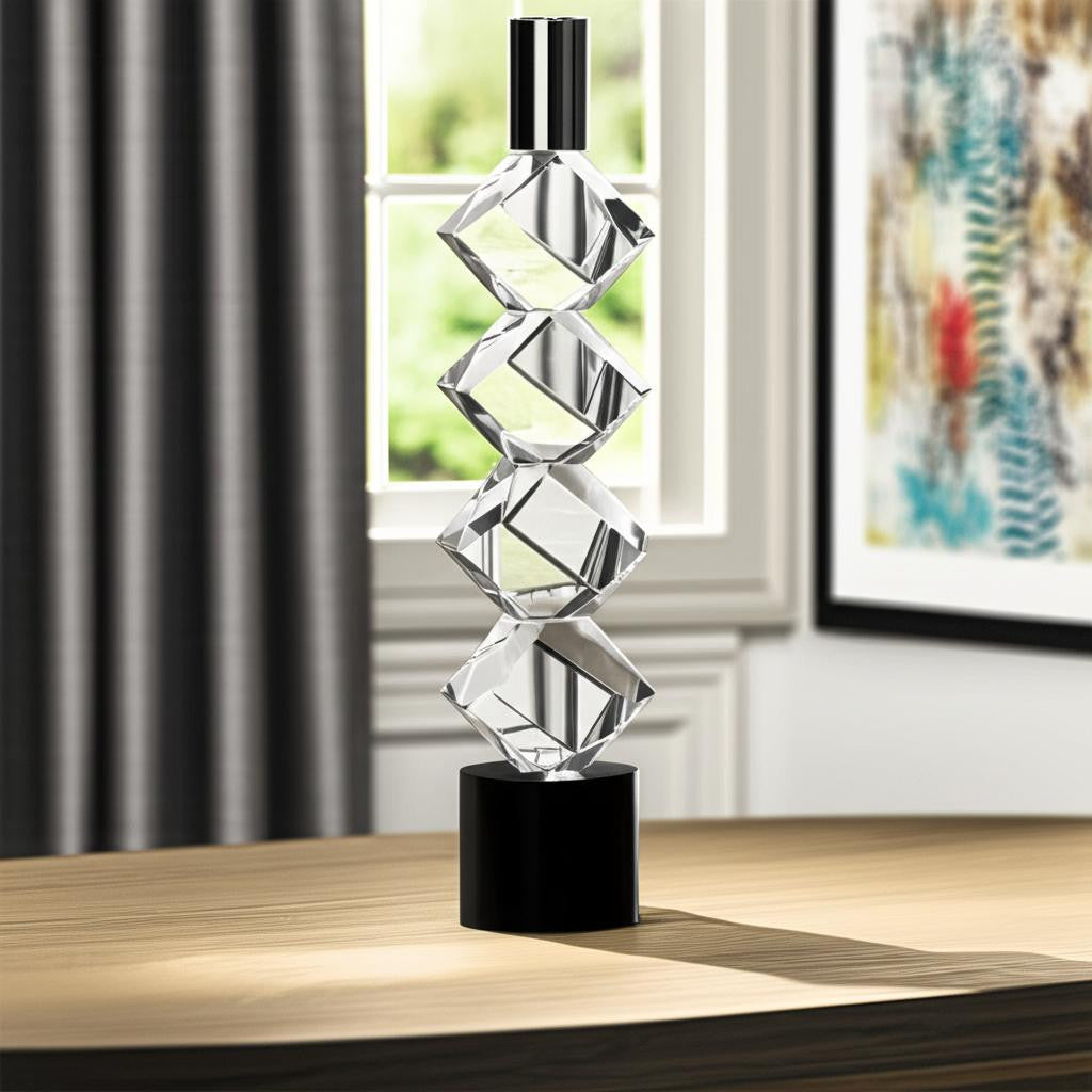 11" Silver Clear And Black Crystal Tabletop Taper Candlestick-Candle Holders-DECOROLALA
