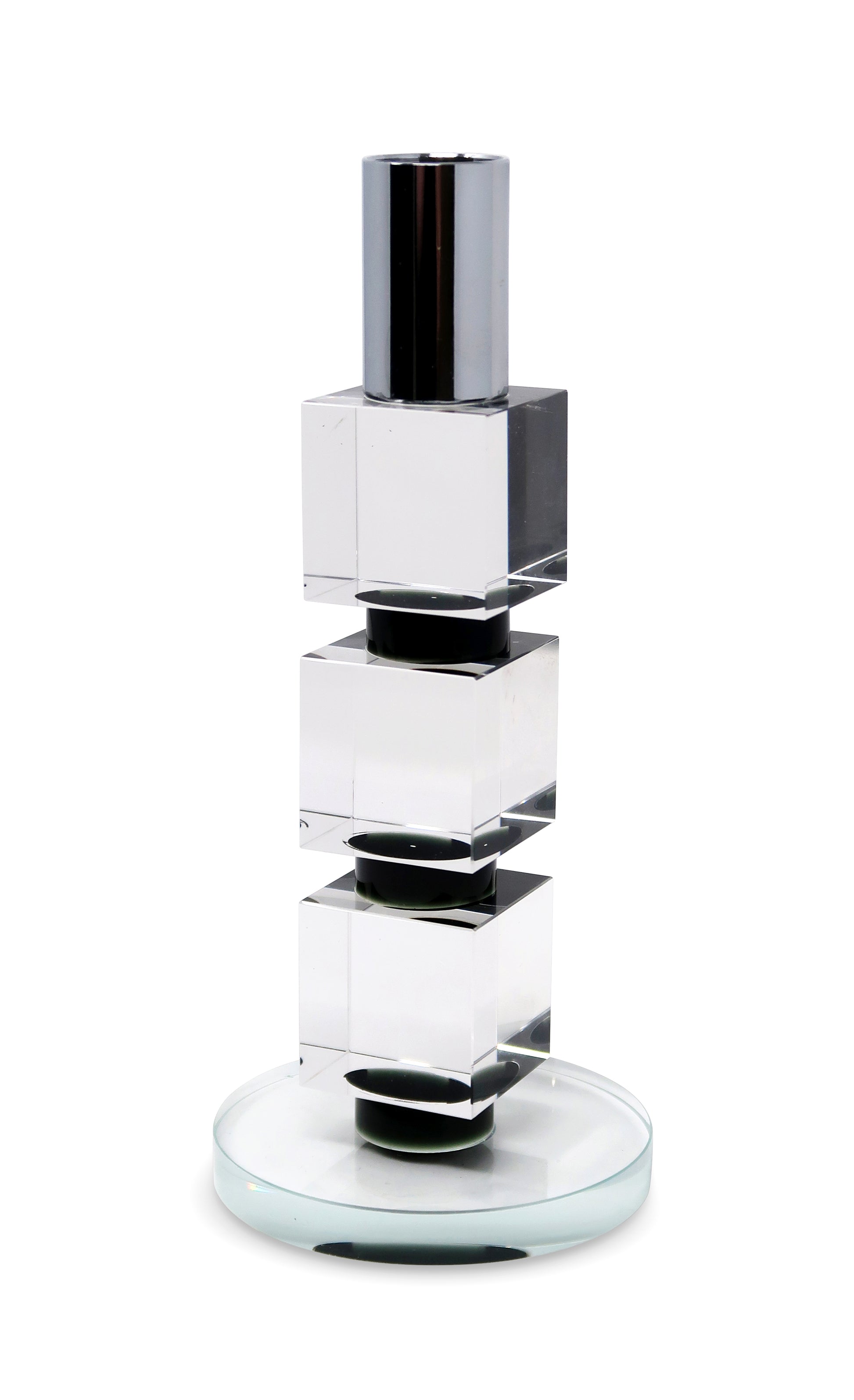 7" Silver Clear And Black Block And Cylinder Crystal Tabletop Taper Candlestick-Candle Holders-DECOROLALA