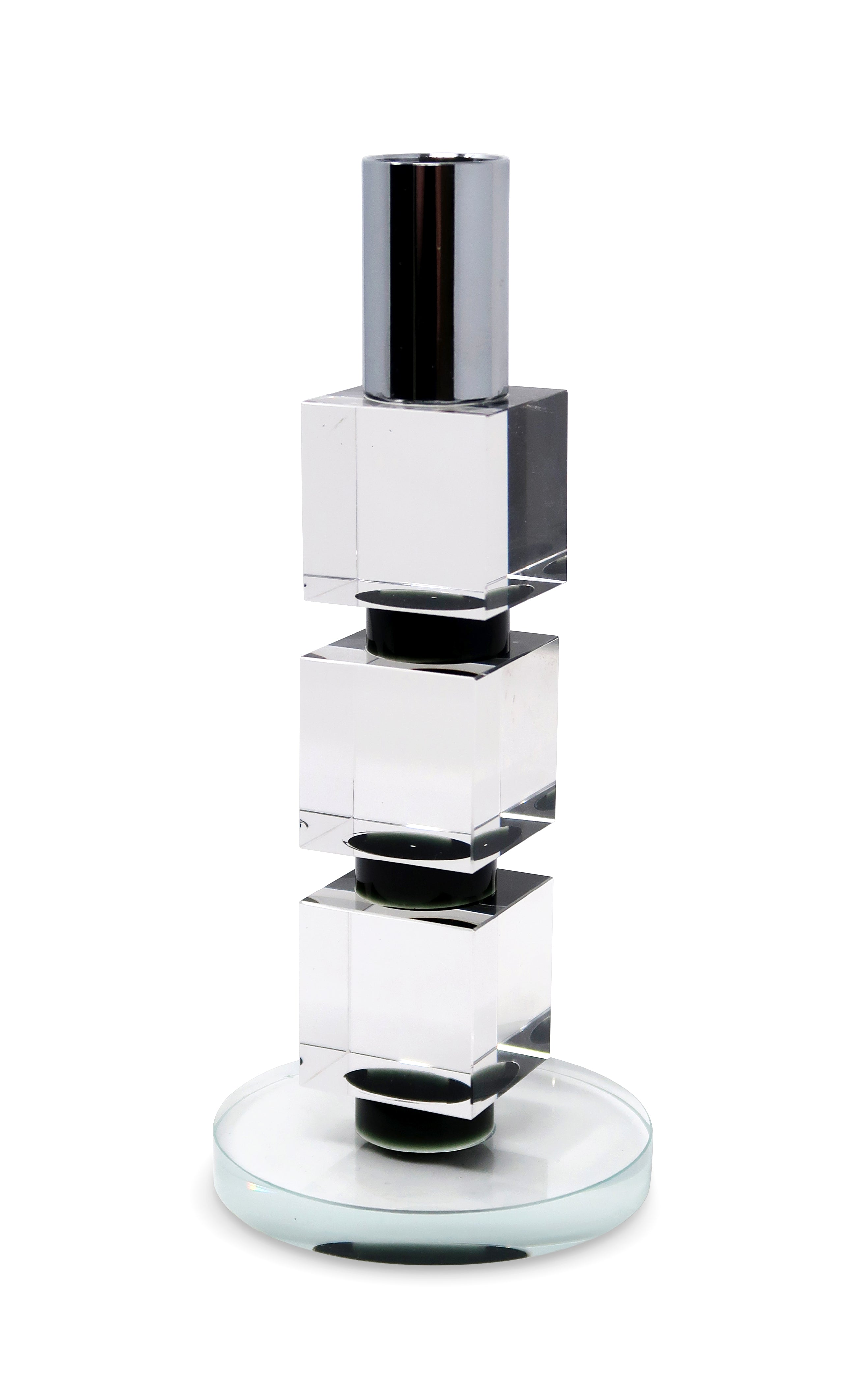 7" Silver Clear And Black Block And Cylinder Crystal Tabletop Taper Candlestick-Candle Holders-DECOROLALA