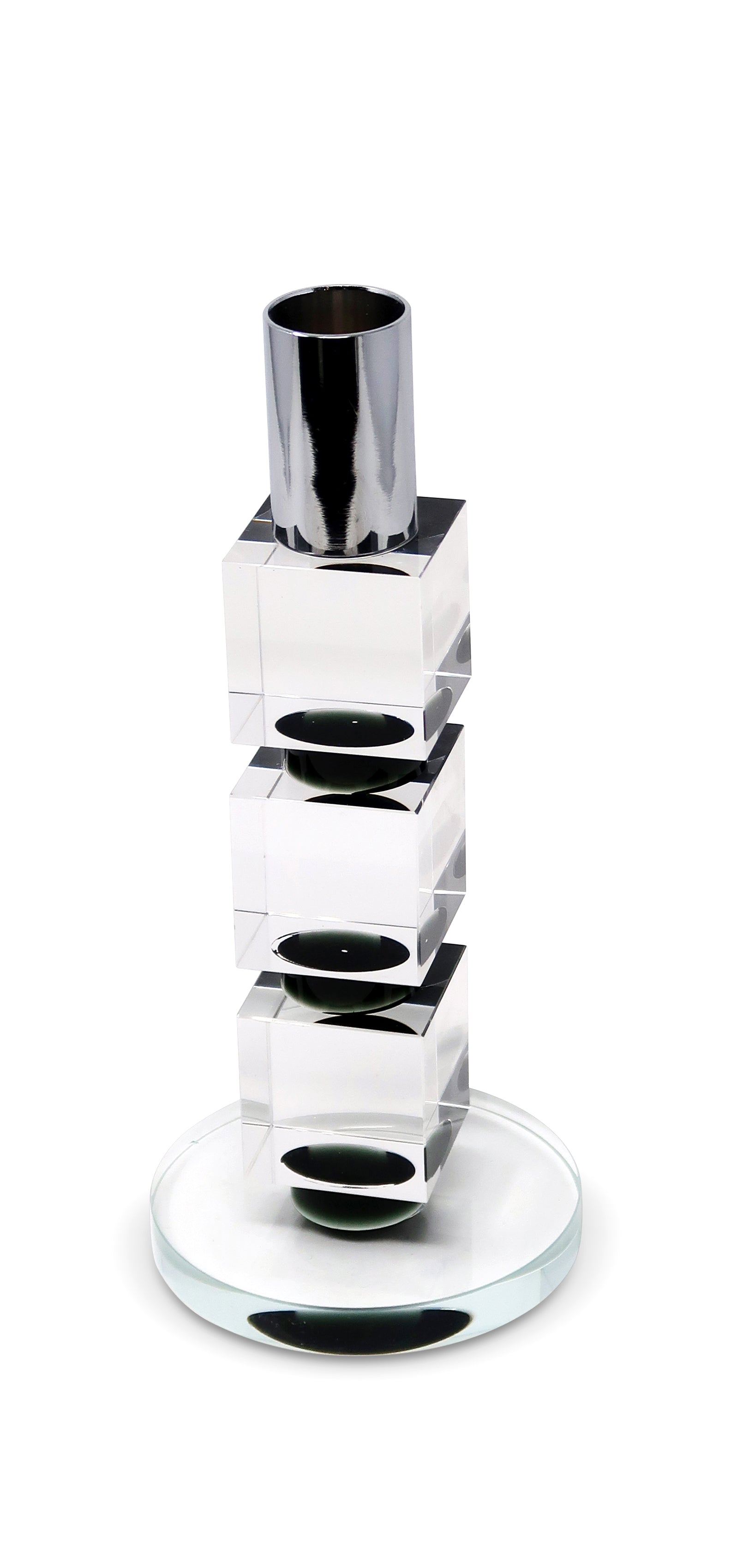 7" Silver Clear And Black Block And Cylinder Crystal Tabletop Taper Candlestick-Candle Holders-DECOROLALA