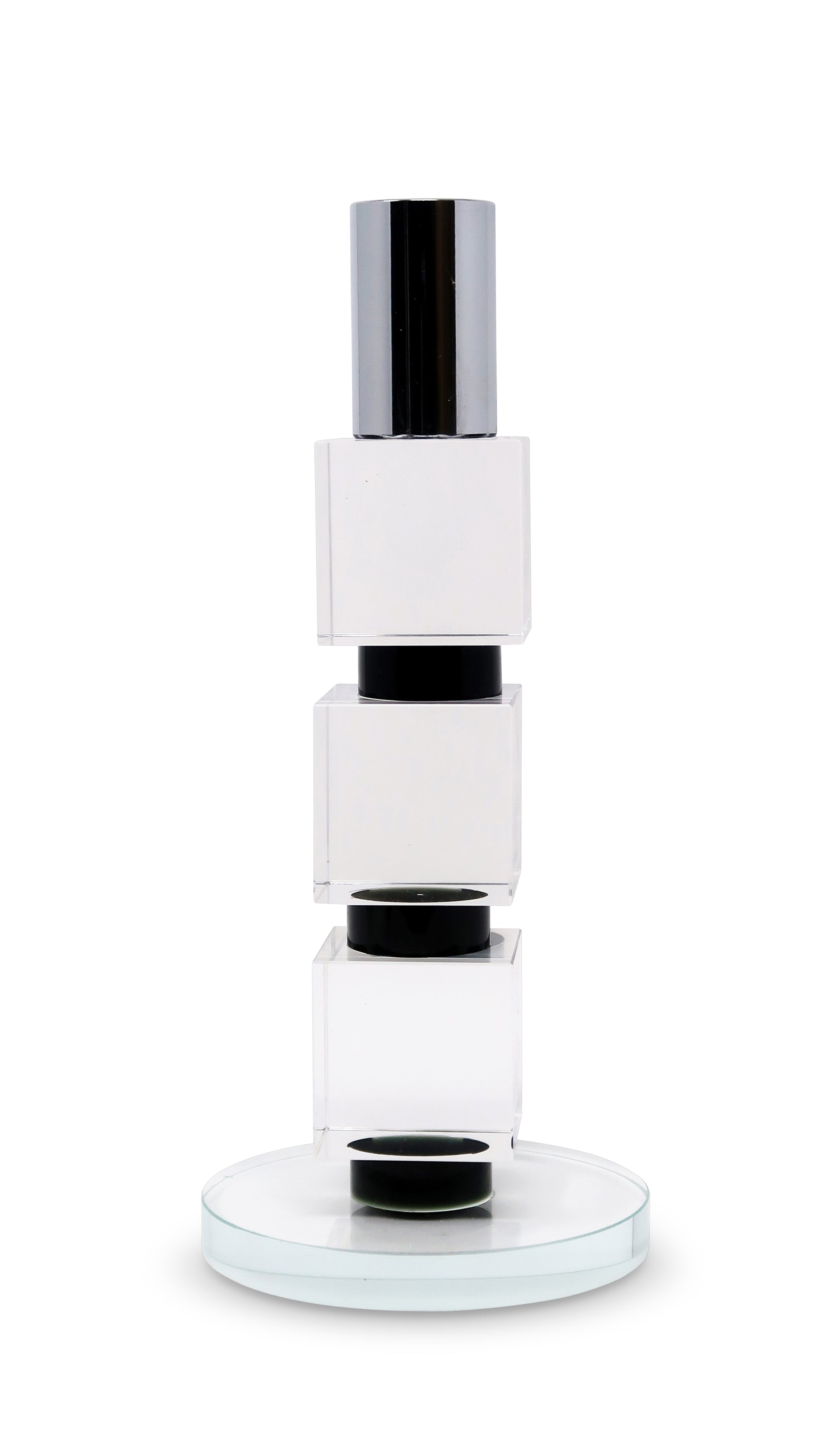 7" Silver Clear And Black Block And Cylinder Crystal Tabletop Taper Candlestick-Candle Holders-DECOROLALA