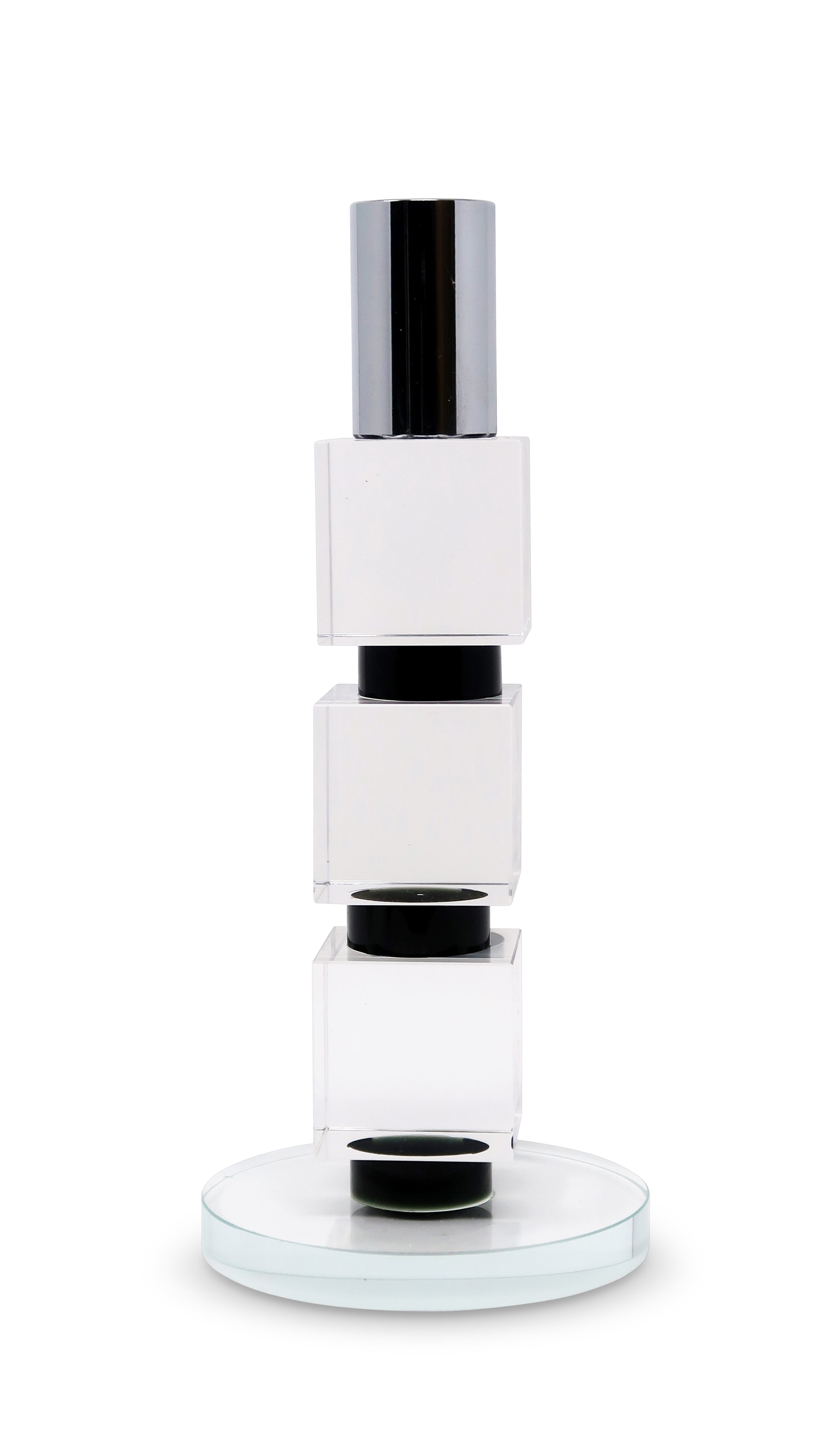 7" Silver Clear And Black Block And Cylinder Crystal Tabletop Taper Candlestick-Candle Holders-DECOROLALA