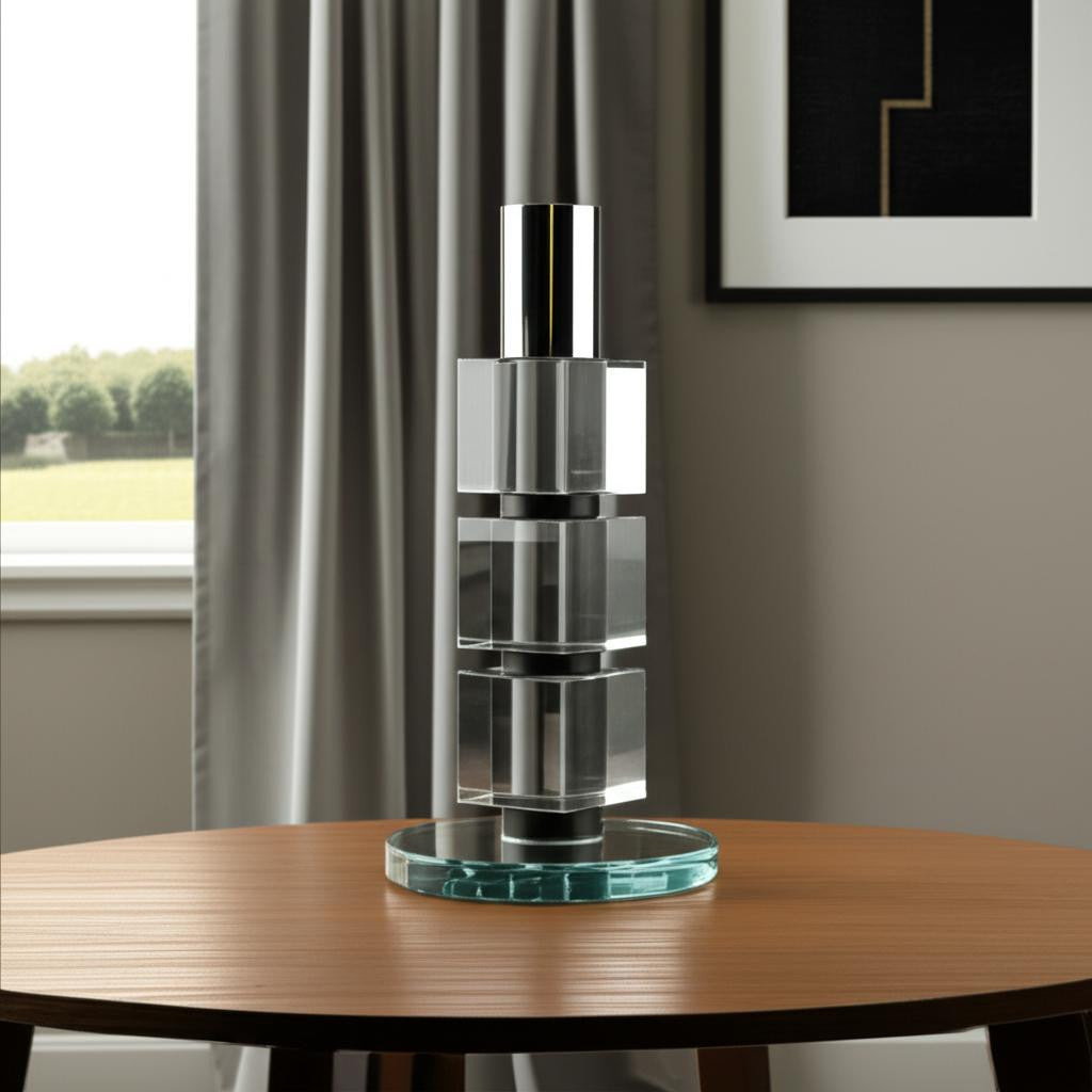 7" Silver Clear And Black Block And Cylinder Crystal Tabletop Taper Candlestick-Candle Holders-DECOROLALA