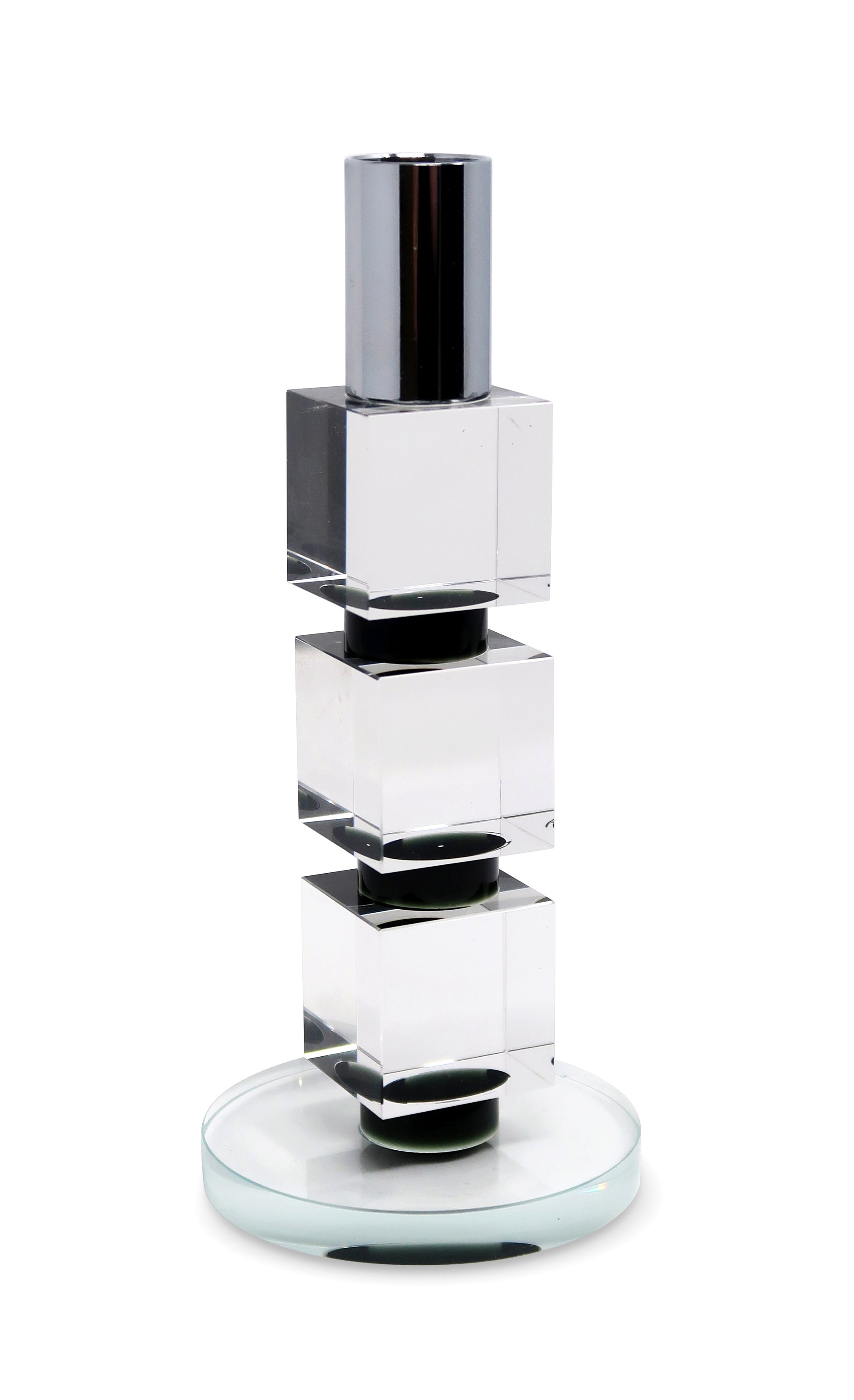 7" Silver Clear And Black Block And Cylinder Crystal Tabletop Taper Candlestick-Candle Holders-DECOROLALA