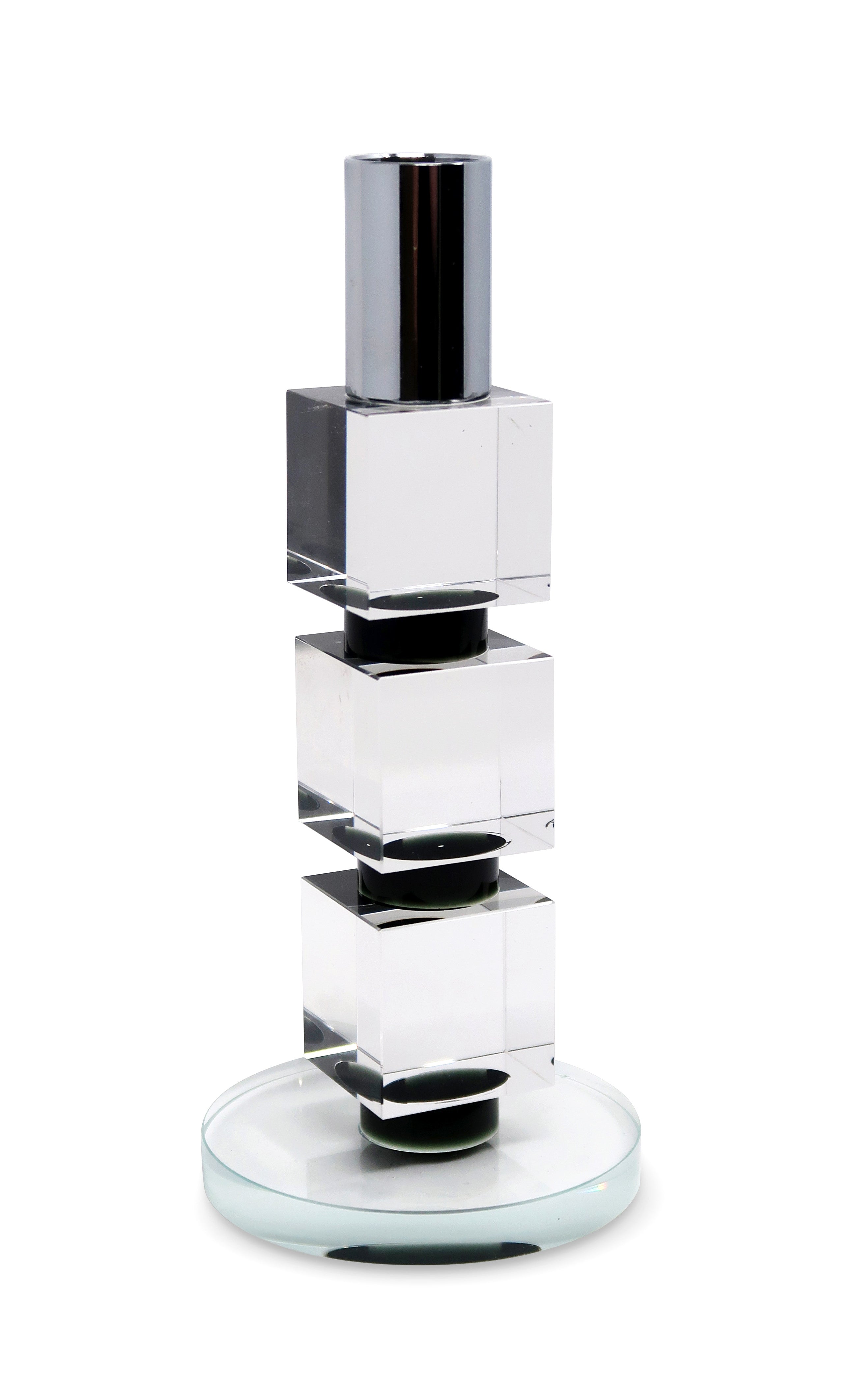 7" Silver Clear And Black Block And Cylinder Crystal Tabletop Taper Candlestick-Candle Holders-DECOROLALA