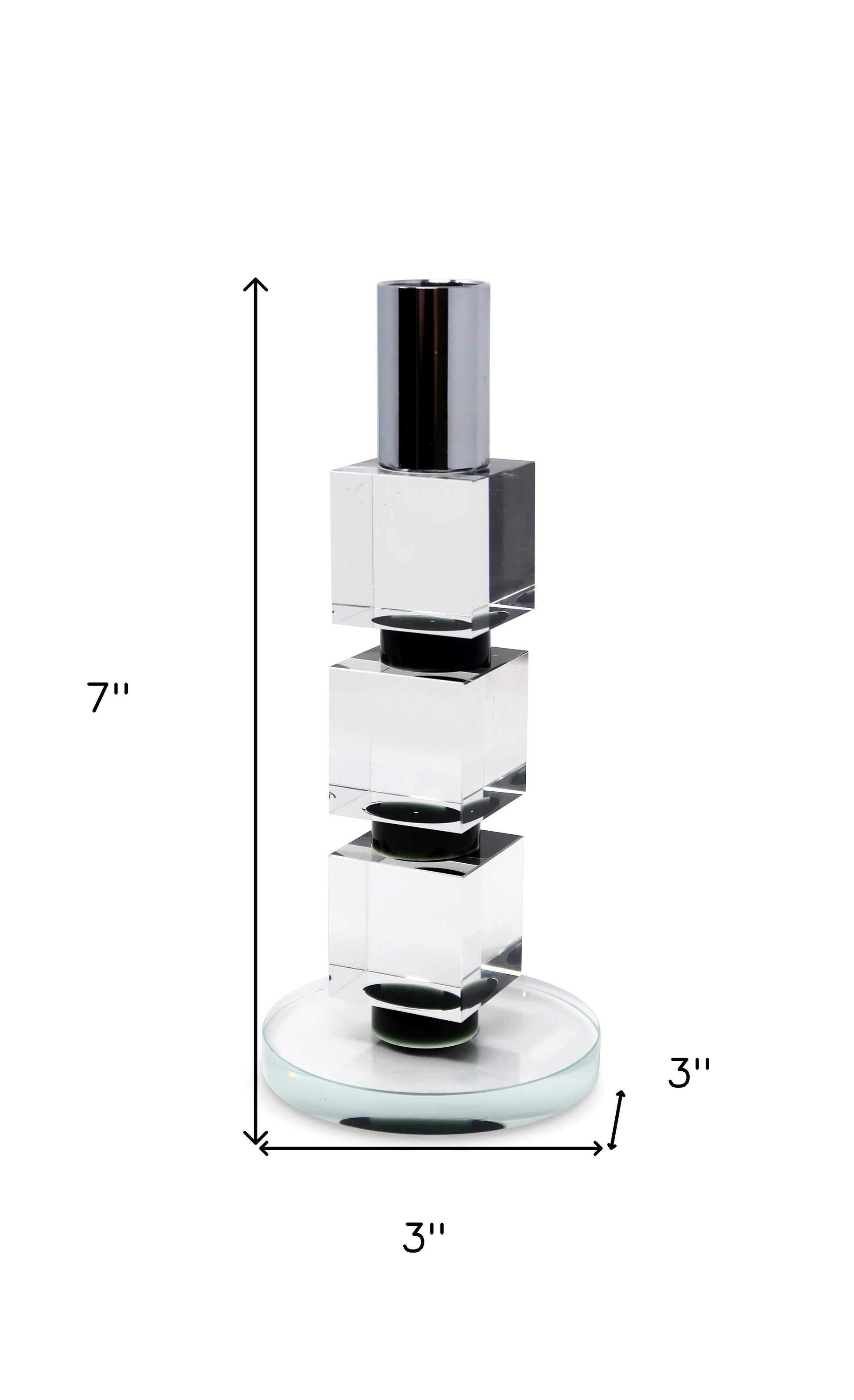 7" Silver Clear And Black Block And Cylinder Crystal Tabletop Taper Candlestick-Candle Holders-DECOROLALA